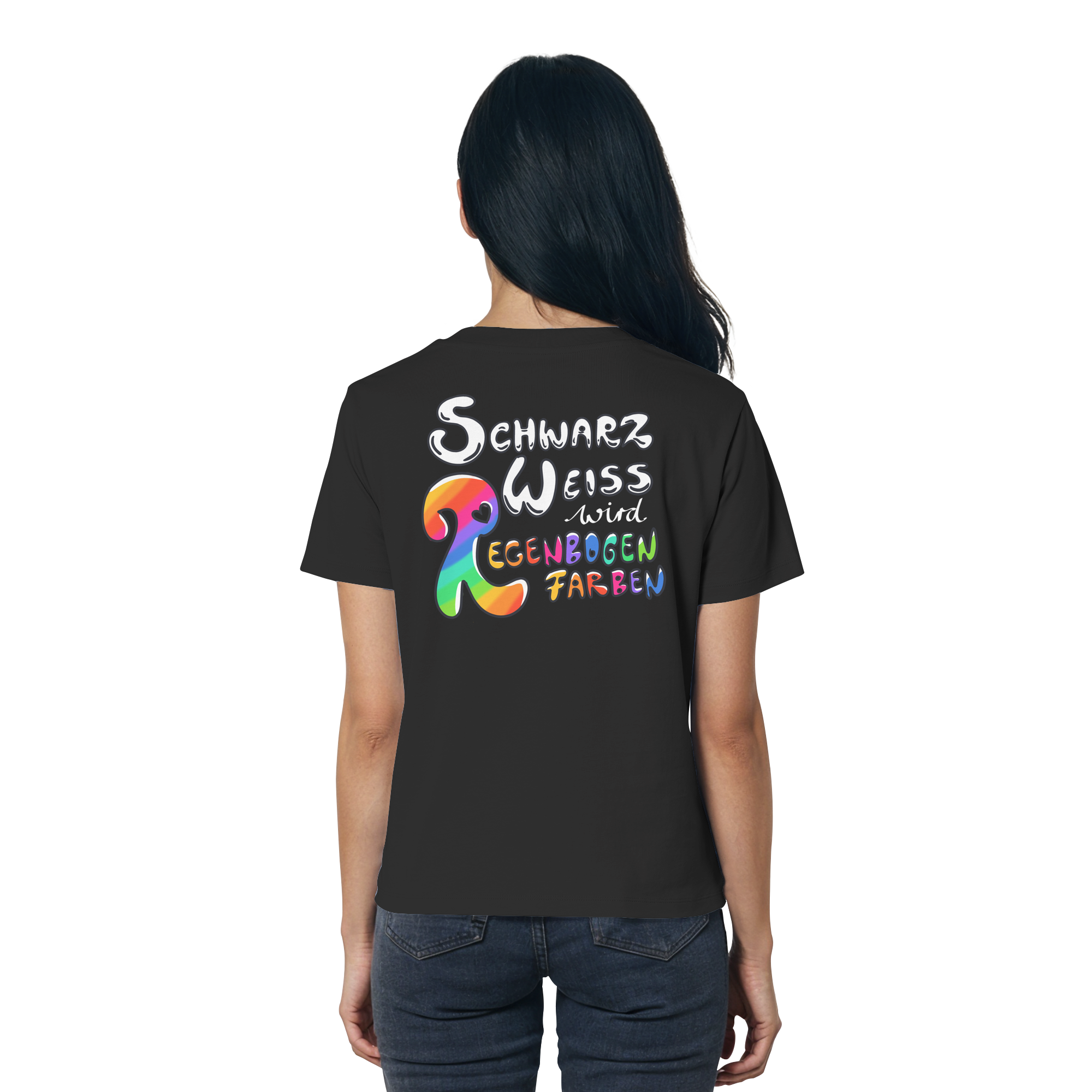 Schwarz Weiß wird Regenbogen Farben Backprint (dunkel) - Ladies Organic Shirt