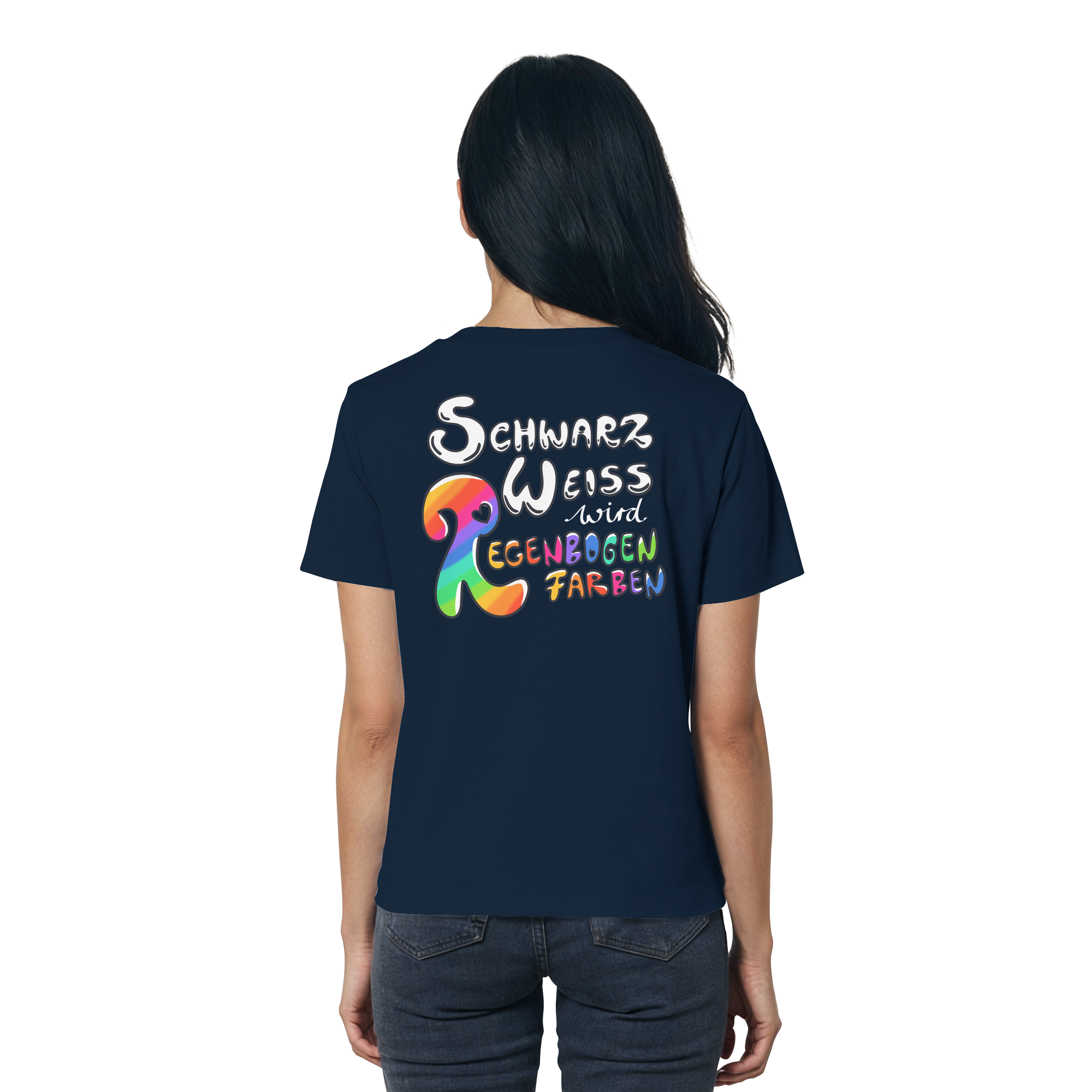 Schwarz Weiß wird Regenbogen Farben Backprint (dunkel) - Ladies Organic Shirt