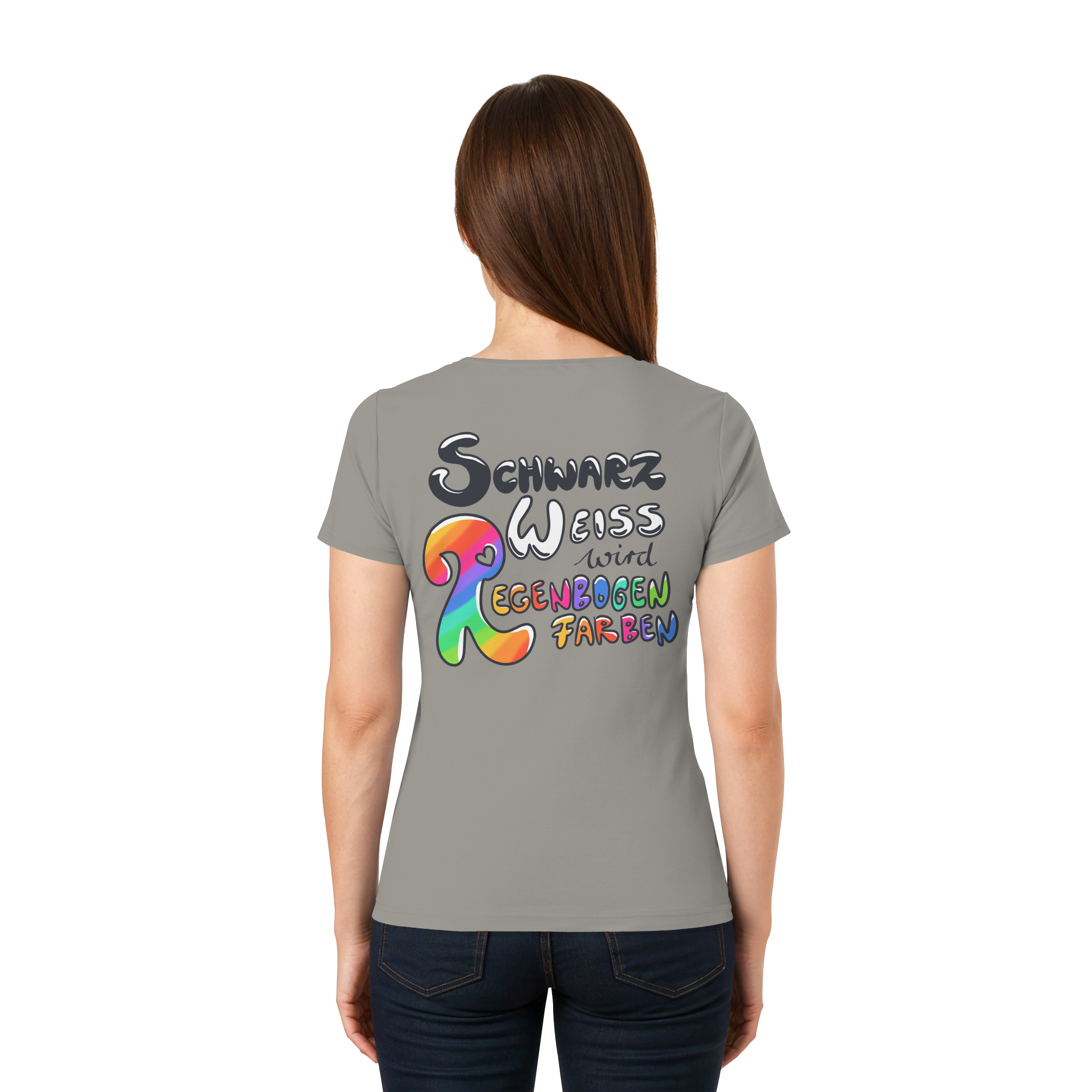 Schwarz Weiß wird Regenbogen Farben Backprint (hell) - Ladies V-Neck Shirt