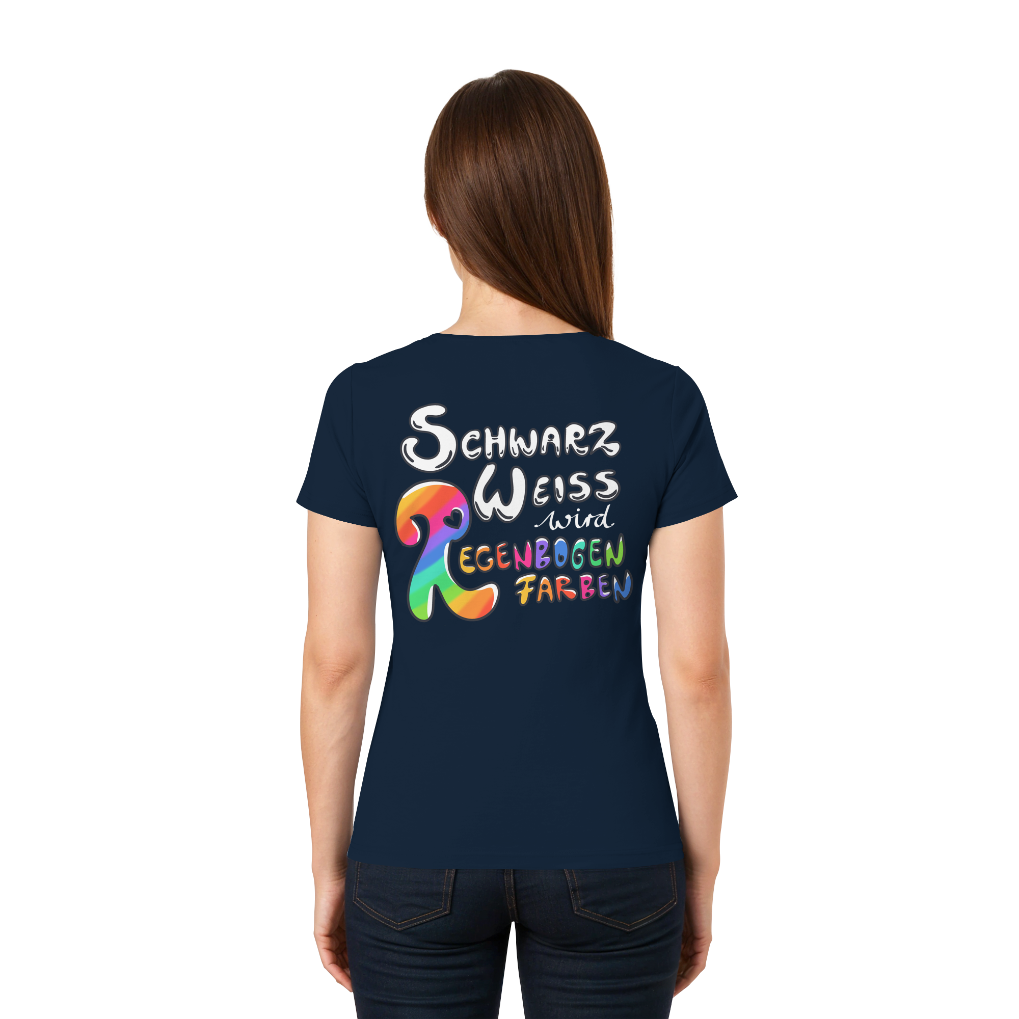 Schwarz Weiß wird Regenbogen Farben Backprint (dunkel) - Ladies V-Neck Shirt