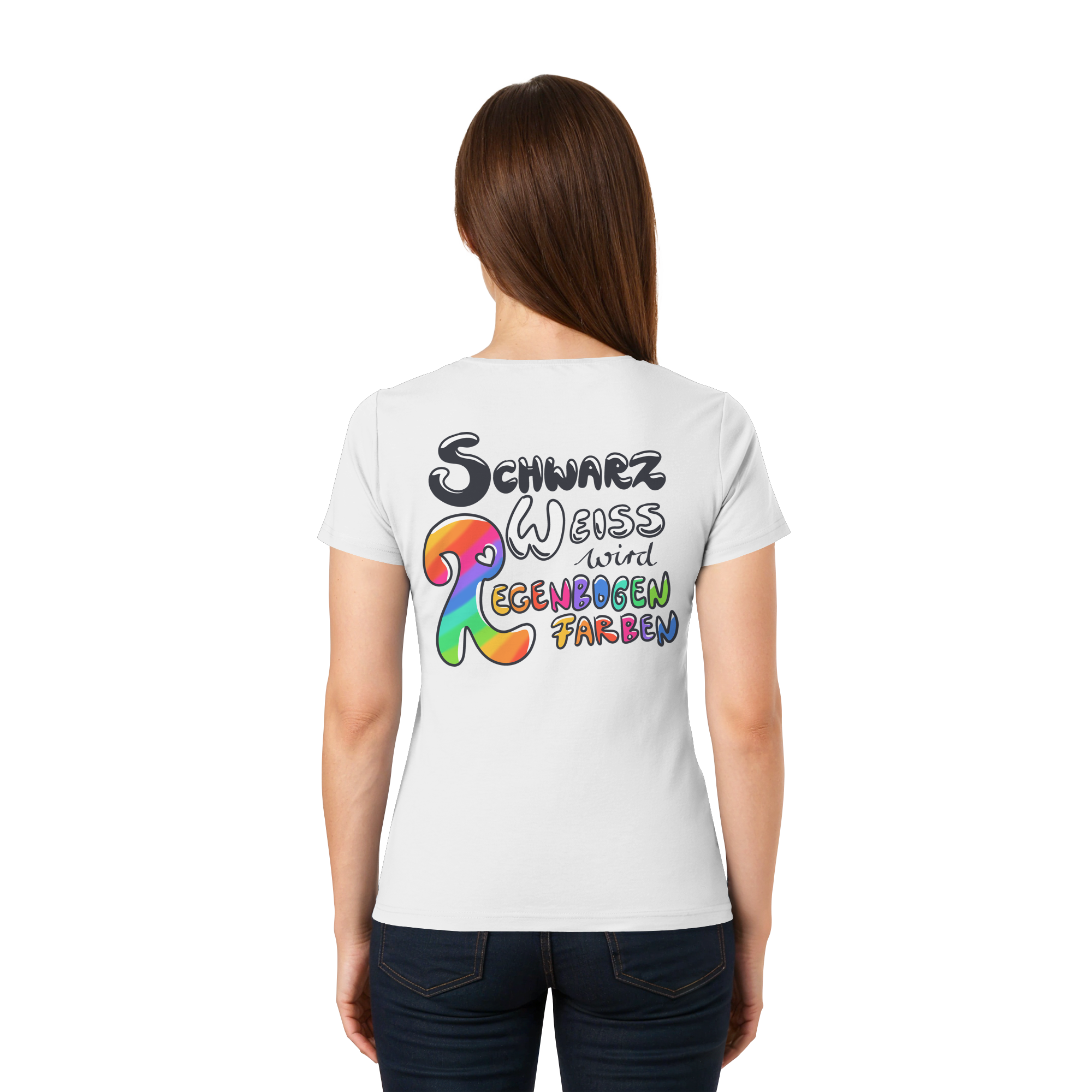 Schwarz Weiß wird Regenbogen Farben Backprint (hell) - Ladies V-Neck Shirt