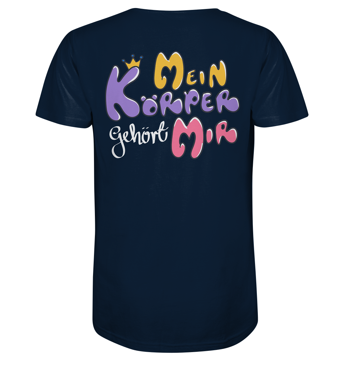 Survivor Queens Logo mit "Mein Körper gehört mir" Backprint (dunkel) - Mens Organic V-Neck Shirt