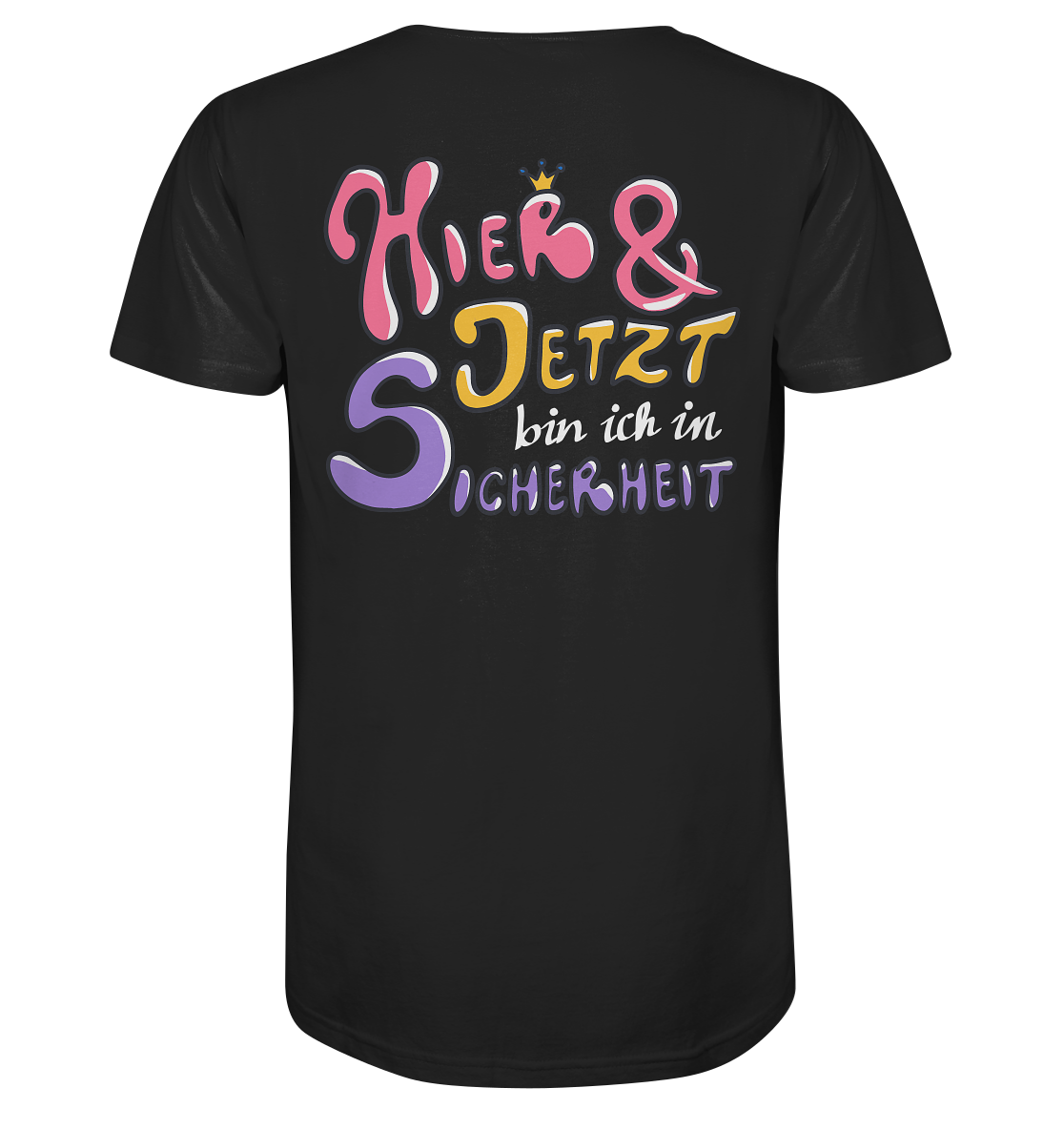 Hier und jetzt bin ich in Sicherheit "Bunte Edition" Backprint - Mens Organic V-Neck Shirt