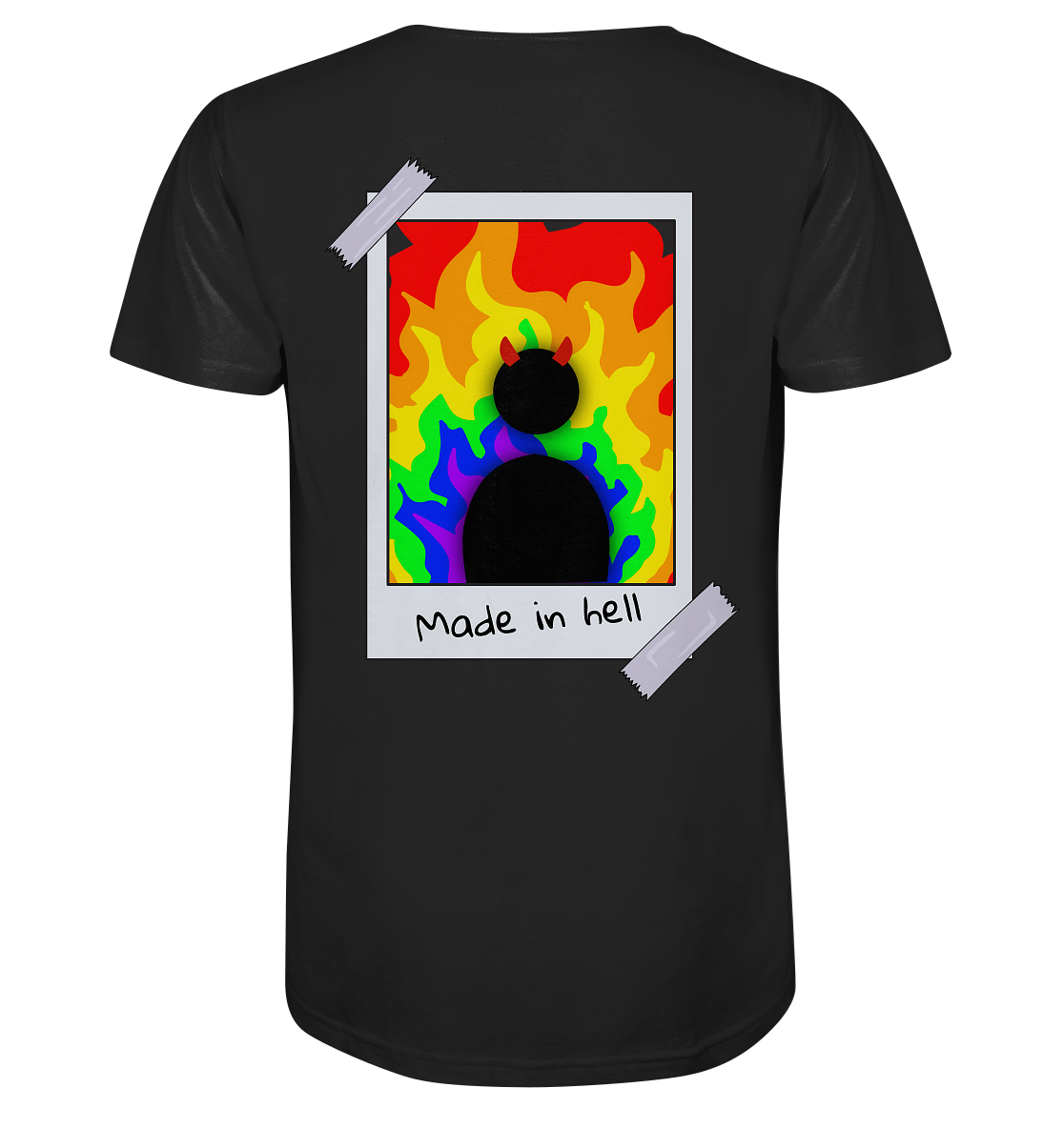 made in hell "Regenbogen Flammen Edition" Backprint - Mens Organic V-Neck Shirt