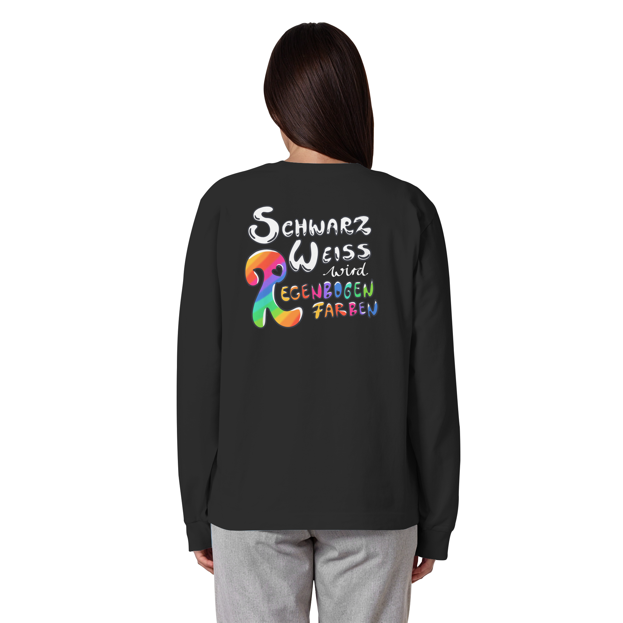 Schwarz Weiß wird Regenbogen Farben Backprint (dunkel) - Organic Heavy Oversized Longsleeve T-Shirt