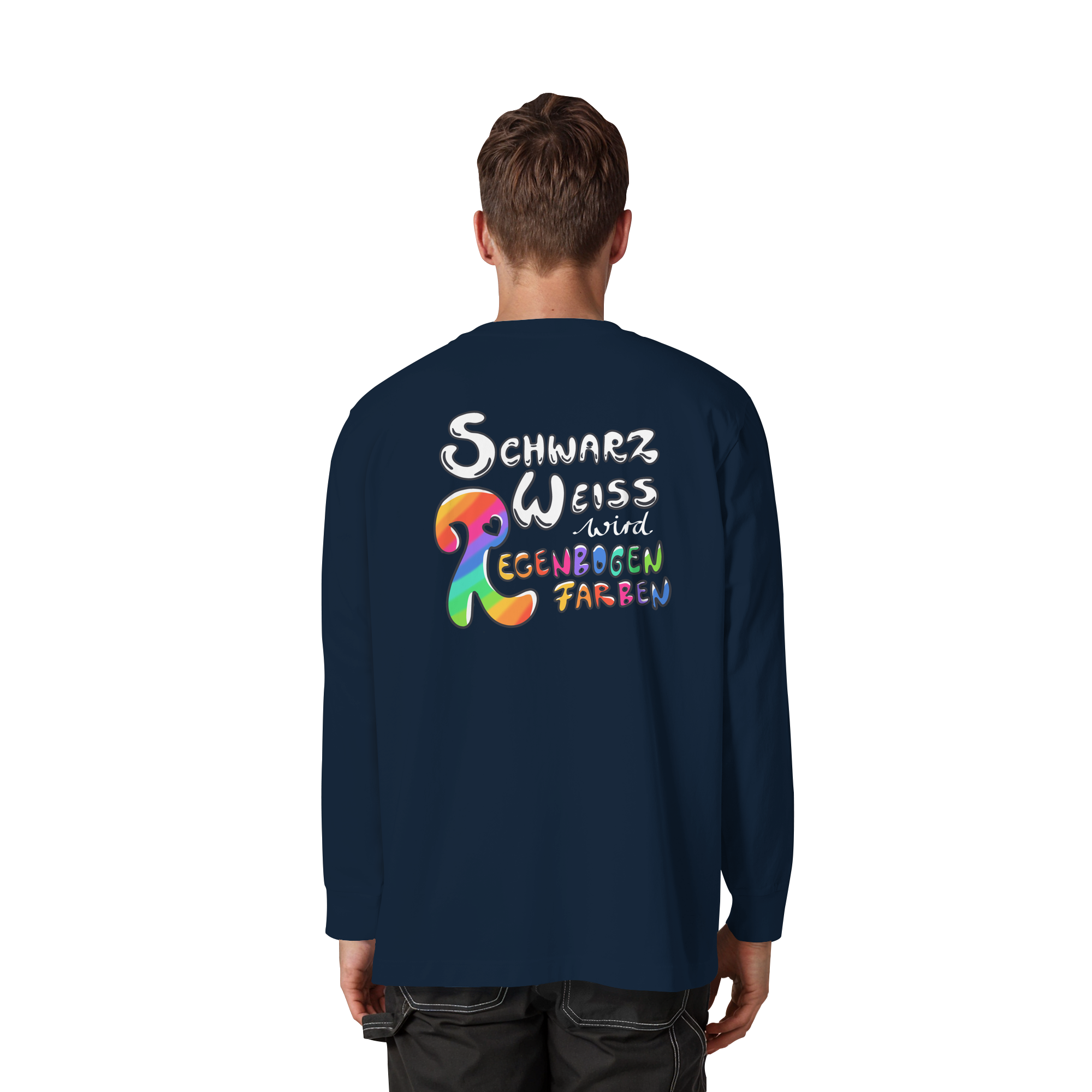 Schwarz Weiß wird Regenbogen Farben Backprint (dunkel) - Organic Heavy Oversized Longsleeve T-Shirt