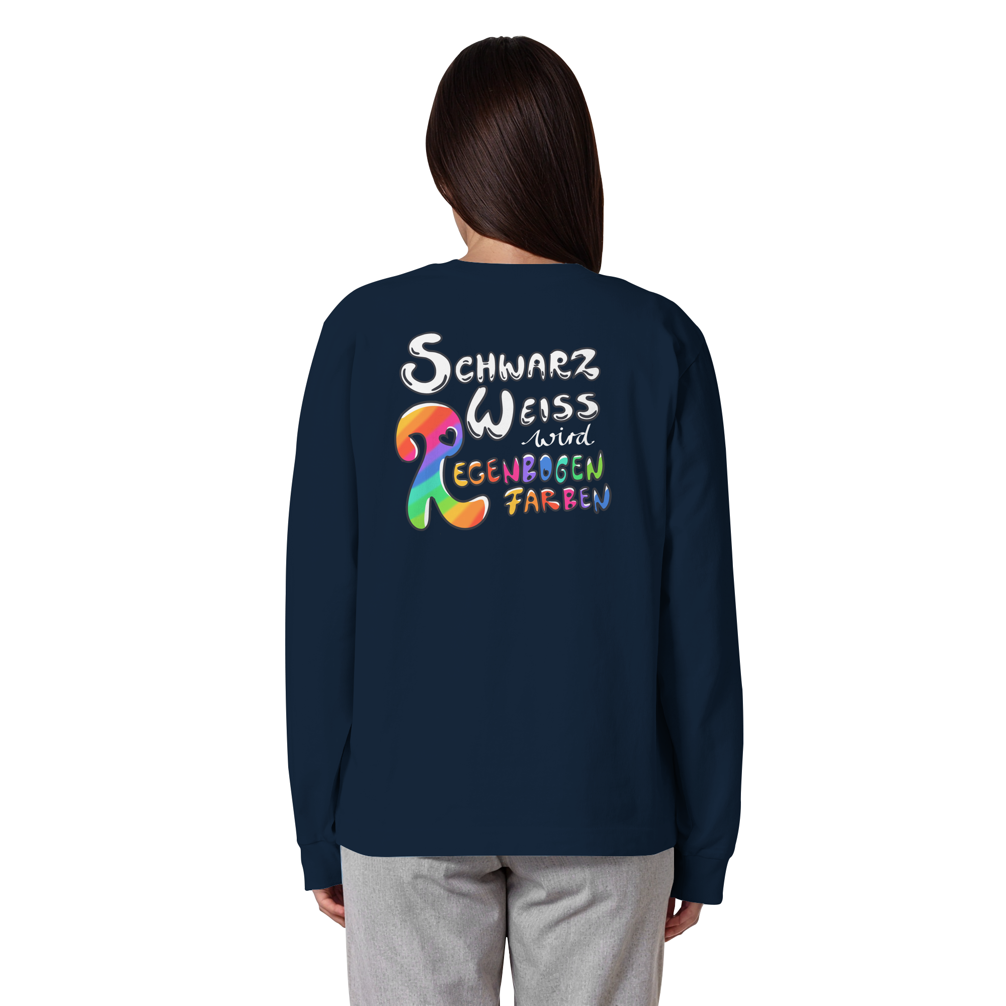 Schwarz Weiß wird Regenbogen Farben Backprint (dunkel) - Organic Heavy Oversized Longsleeve T-Shirt