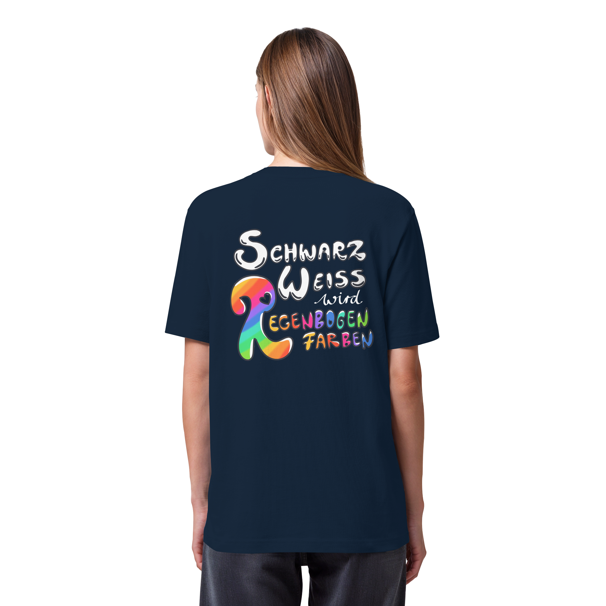 Schwarz Weiß wird Regenbogen Farben Backprint (dunkel) - Organic Heavy T-Shirt
