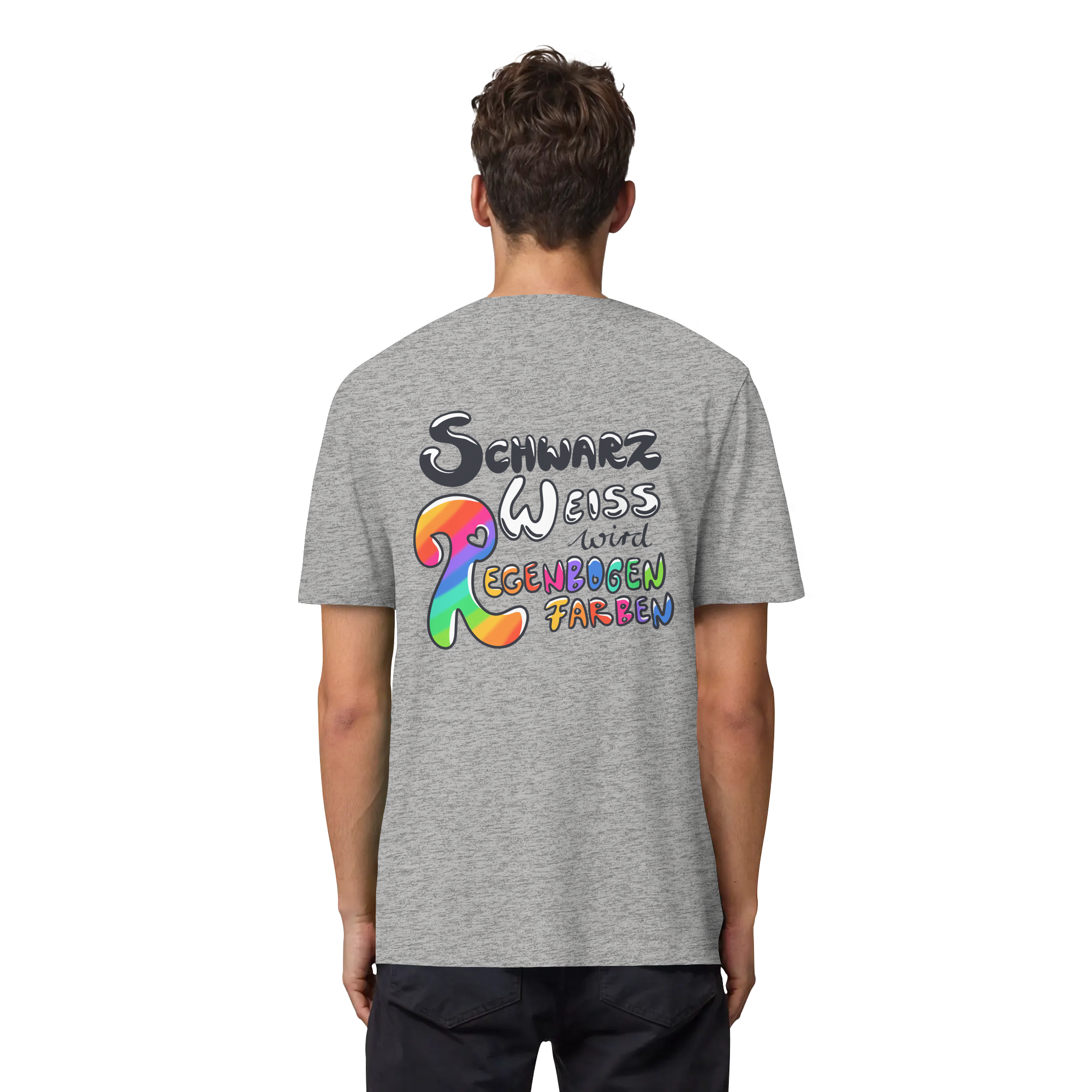 Schwarz Weiß wird Regenbogen Farben Backprint (hell) - Organic Heavy T-Shirt