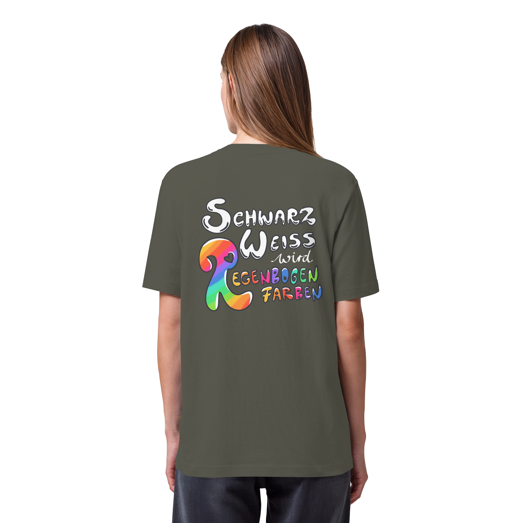 Schwarz Weiß wird Regenbogen Farben Backprint (dunkel) - Organic Heavy T-Shirt