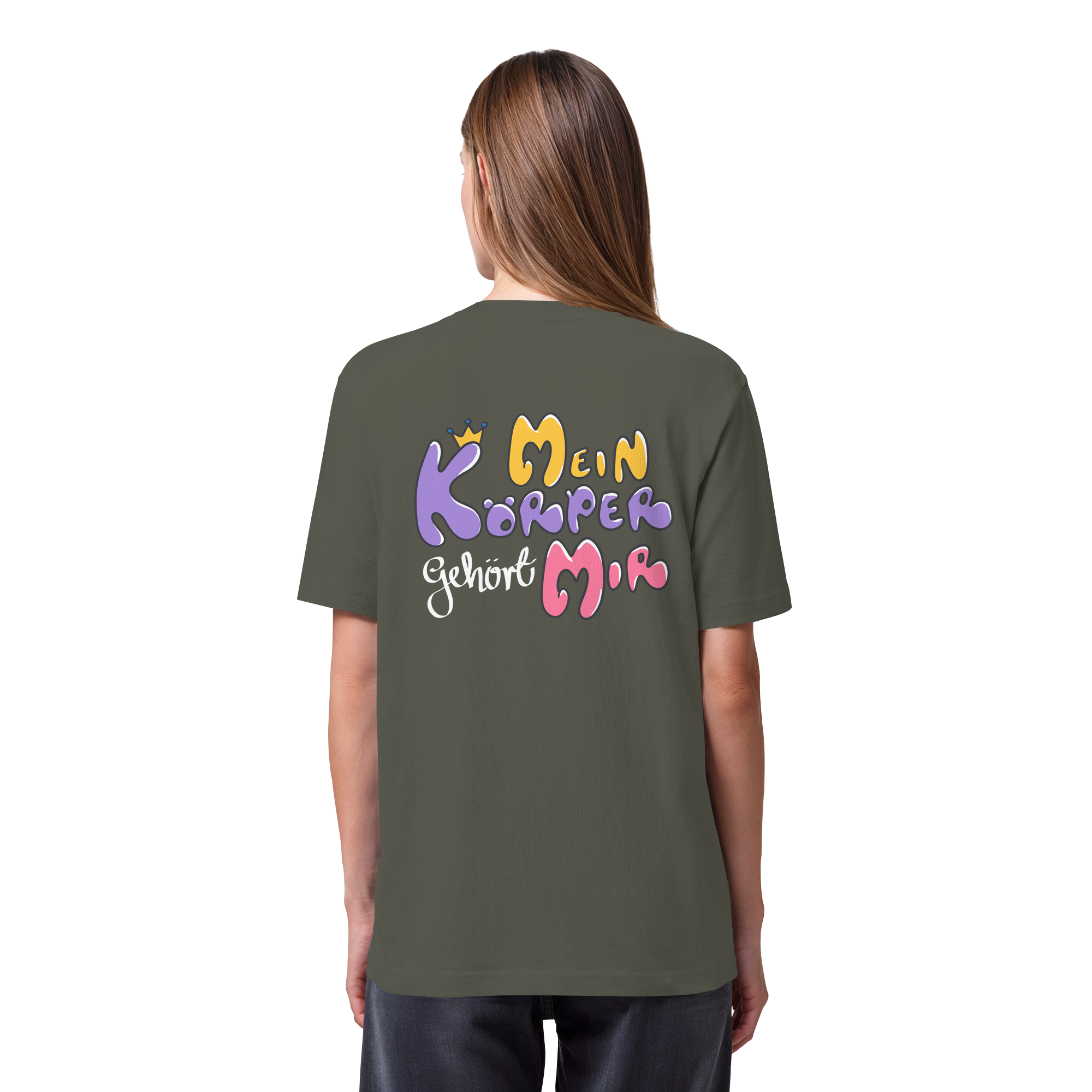 Survivor Queens Logo mit "Mein Körper gehört mir" Backprint (dunkel) - Organic Heavy T-Shirt