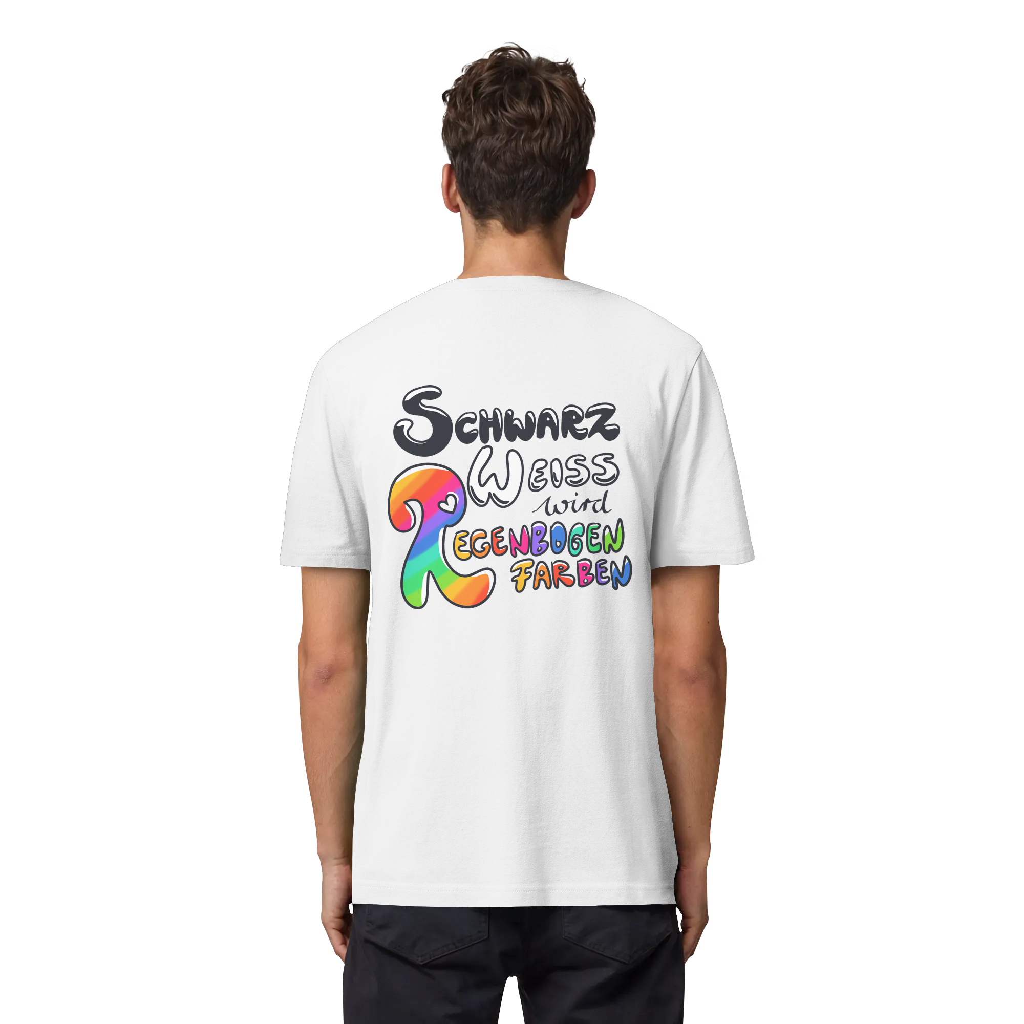 Schwarz Weiß wird Regenbogen Farben Backprint (hell) - Organic Heavy T-Shirt