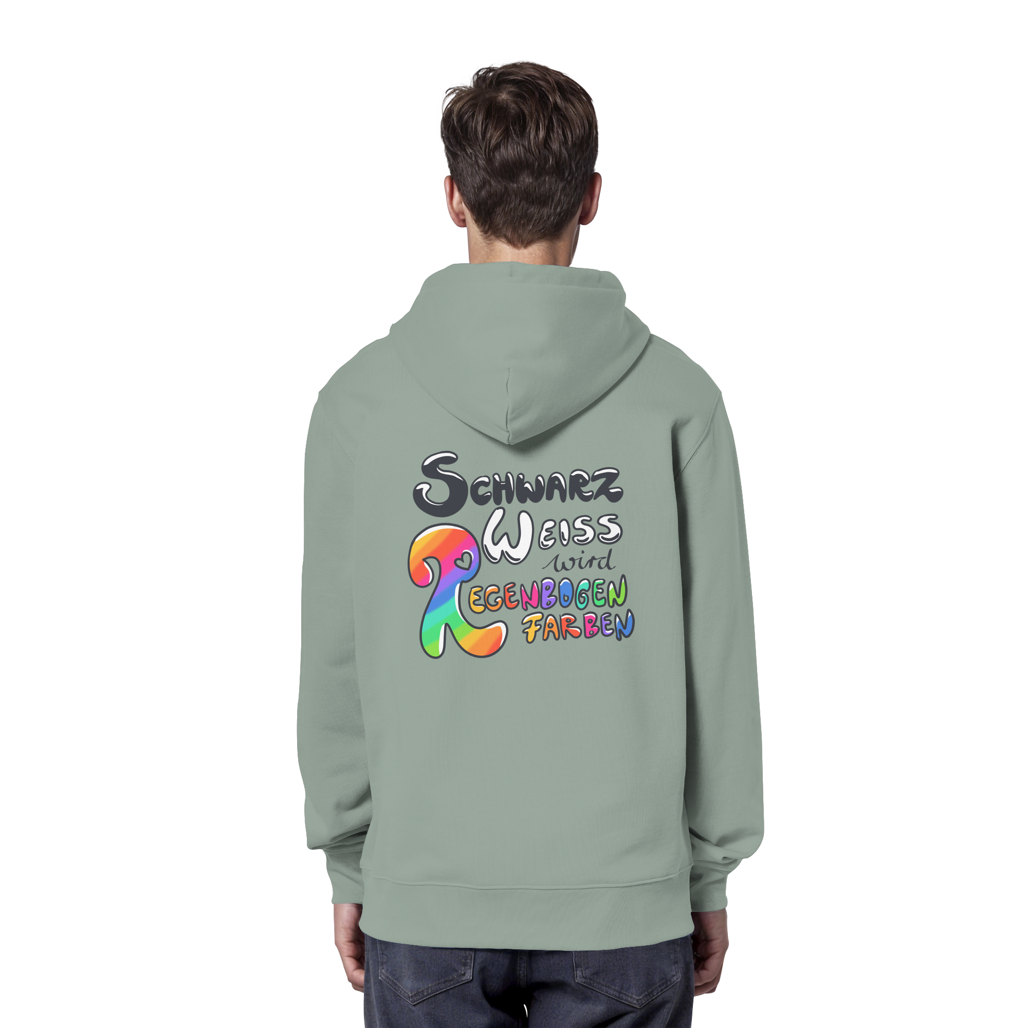 Schwarz Weiß wird Regenbogen Farben Backprint (hell) - Organic Hoodie