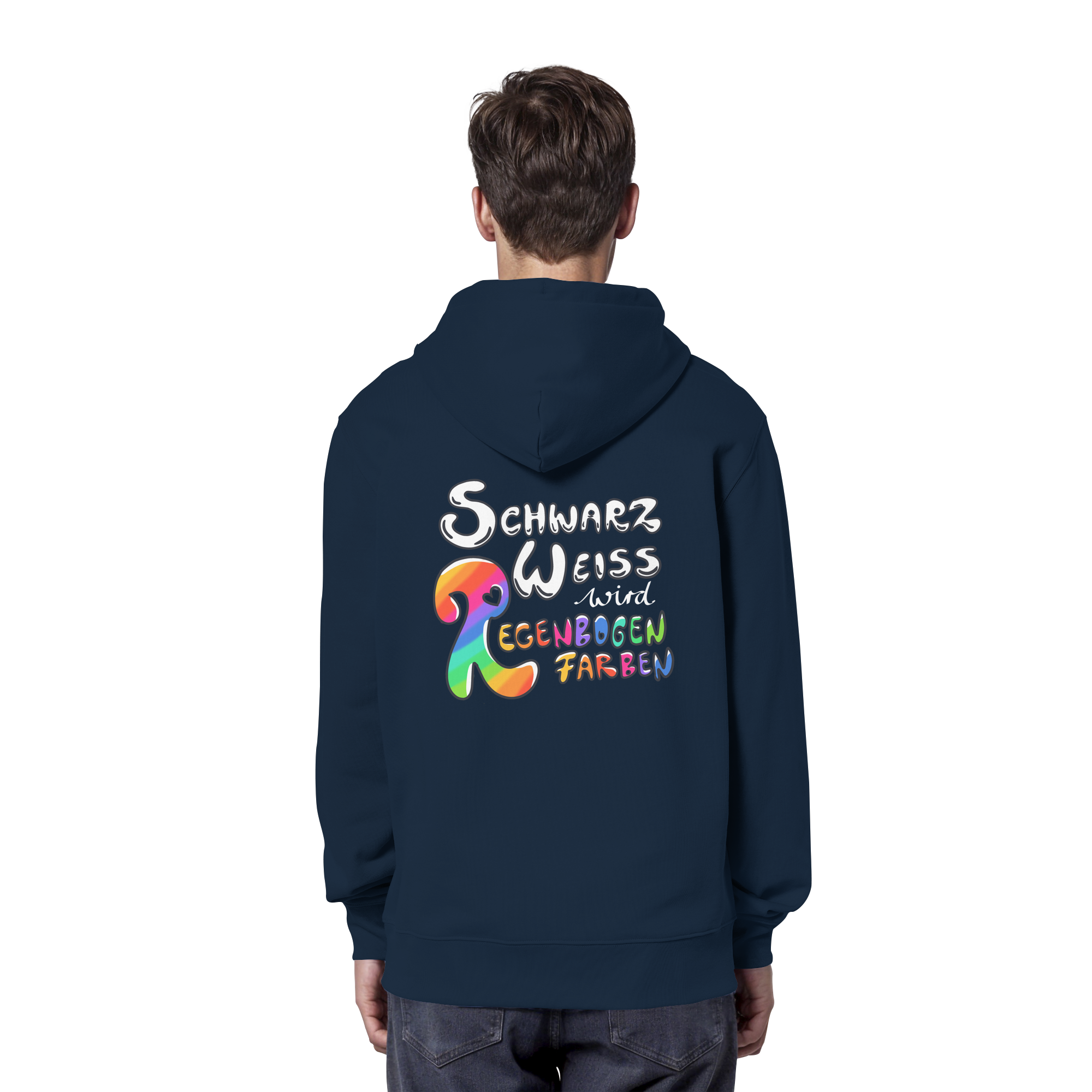 Schwarz Weiß wird Regenbogen Farben Backprint (dunkel) - Organic Hoodie