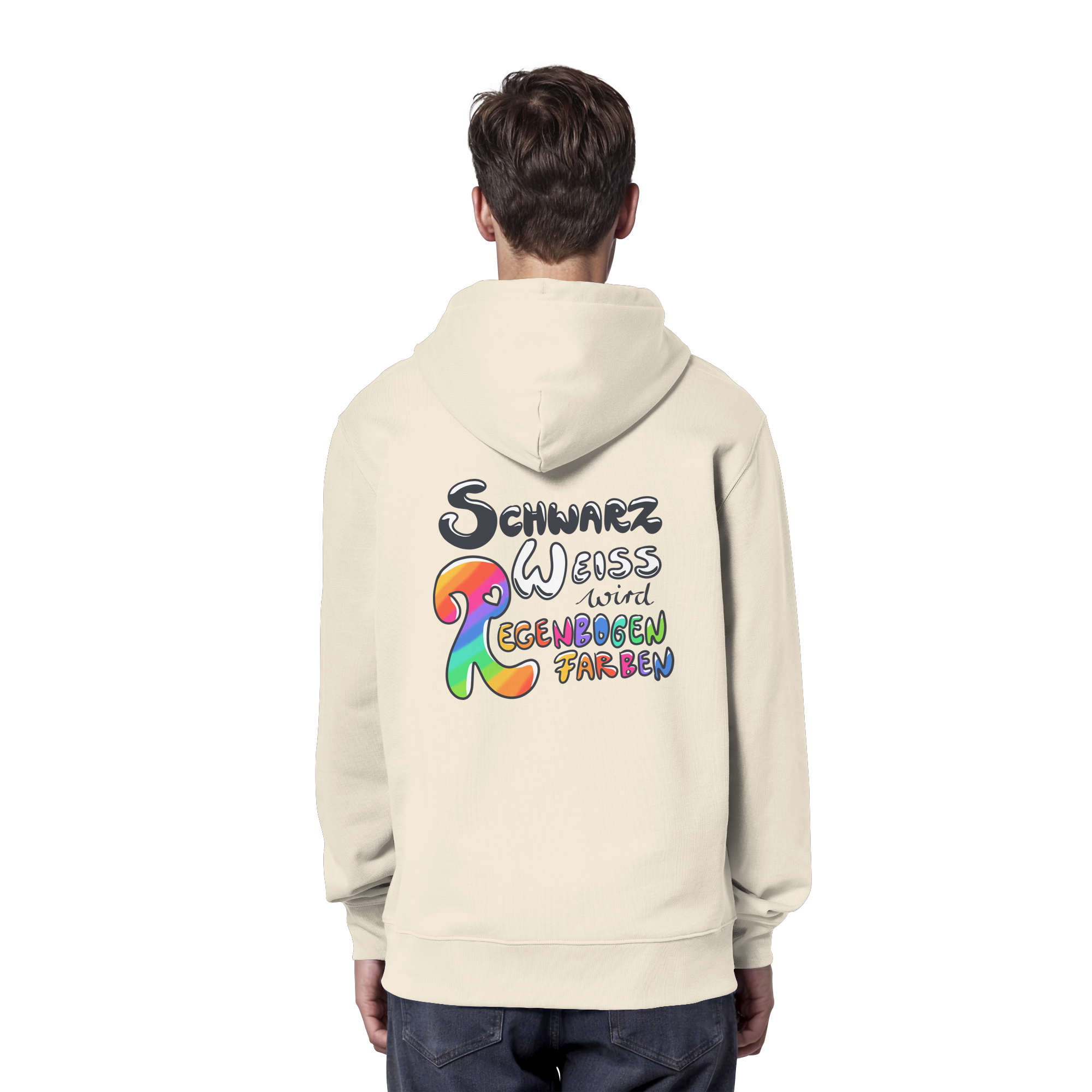 Schwarz Weiß wird Regenbogen Farben Backprint (hell) - Organic Hoodie