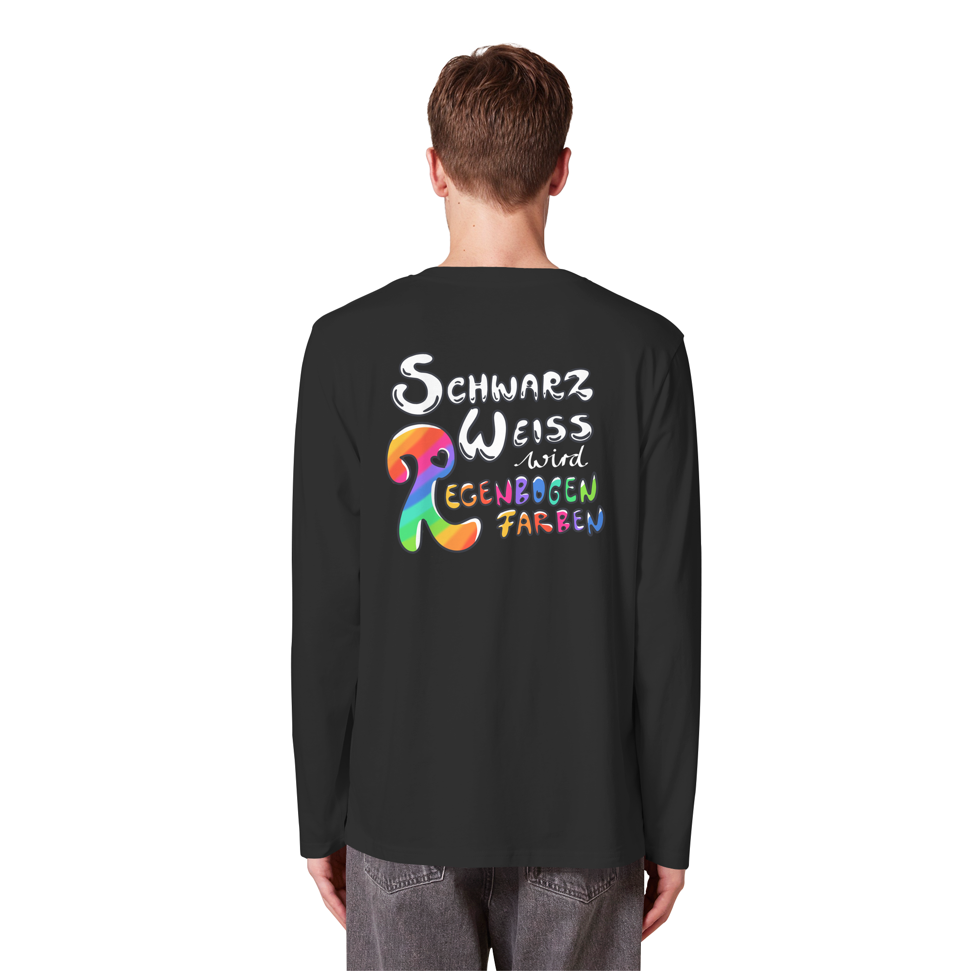 Schwarz Weiß wird Regenbogen Farben Backprint (dunkel) - Organic Longsleeve T-Shirt