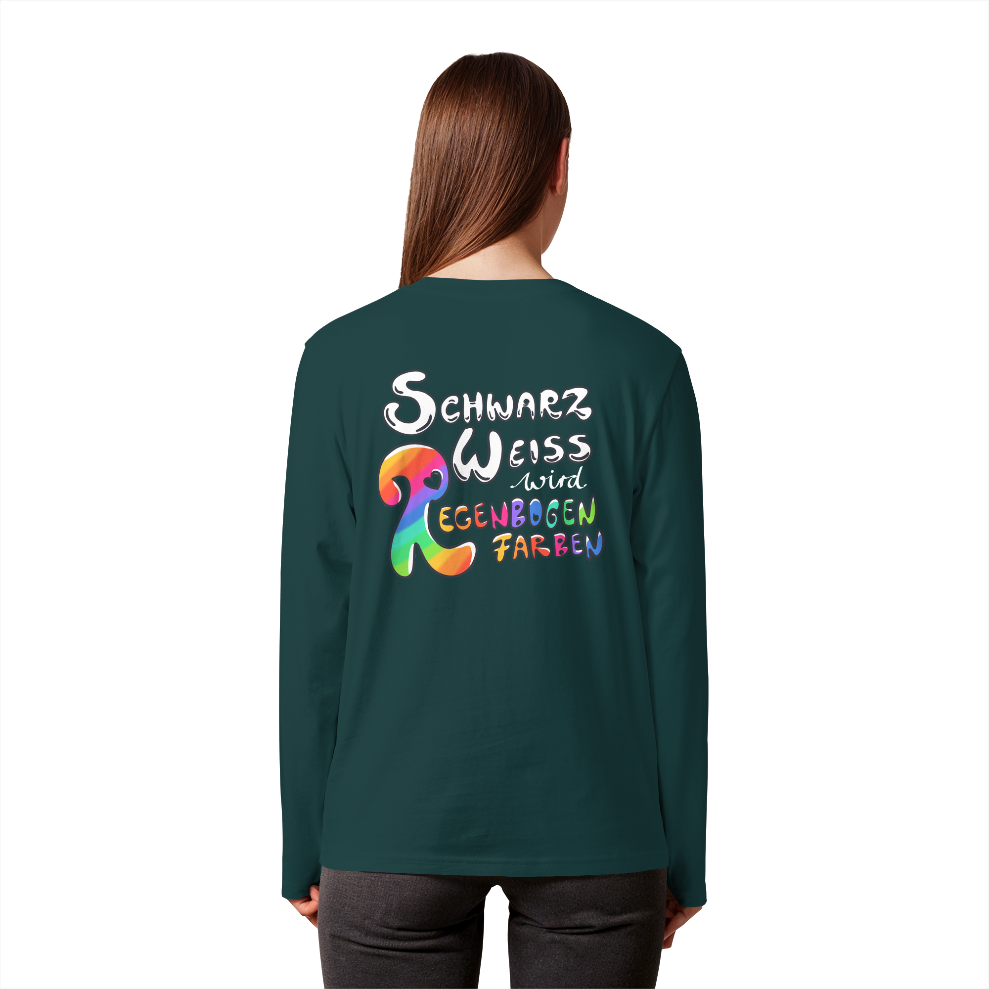Schwarz Weiß wird Regenbogen Farben Backprint (dunkel) - Organic Longsleeve T-Shirt