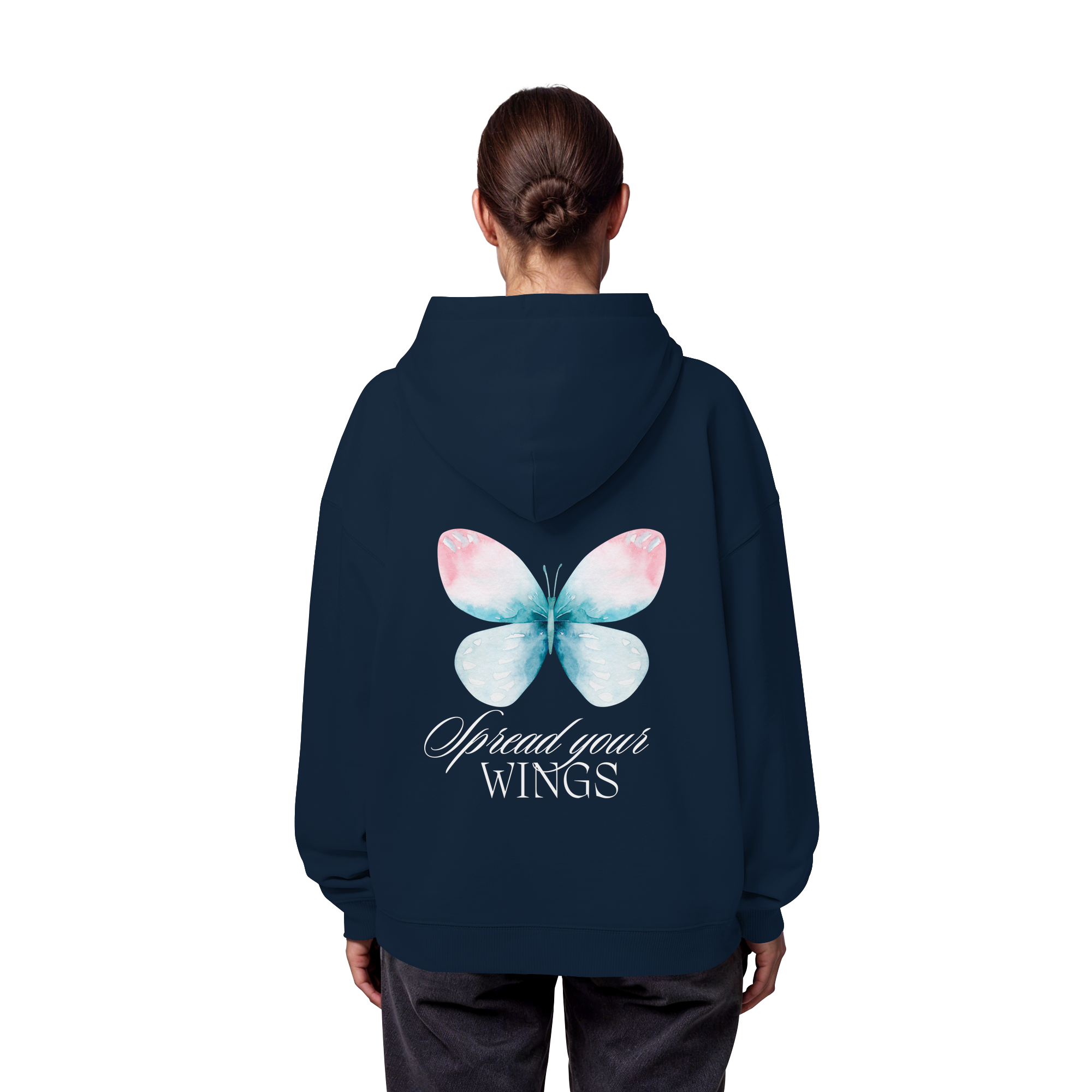 Spread your Wings (weiße Schrift) Backprint - Organic Oversize Hoodie