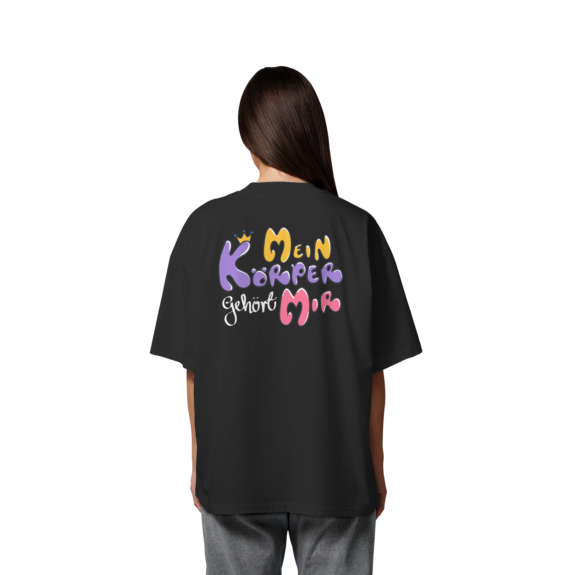 Survivor Queens Logo mit "Mein Körper gehört mir" Backprint (dunkel) - Organic Oversize Shirt