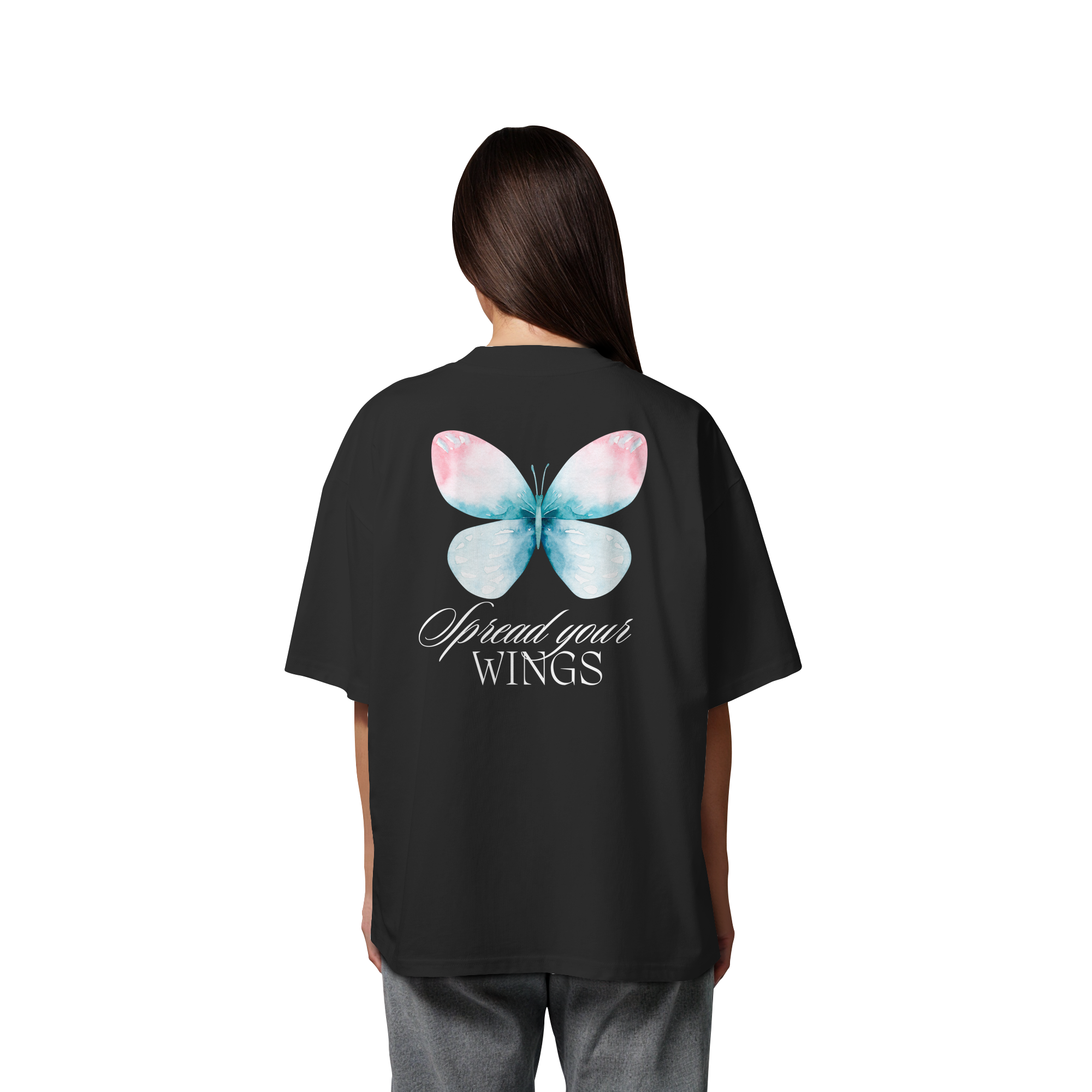 Spread your Wings (weiße Schrift) Backprint - Organic Oversize Shirt