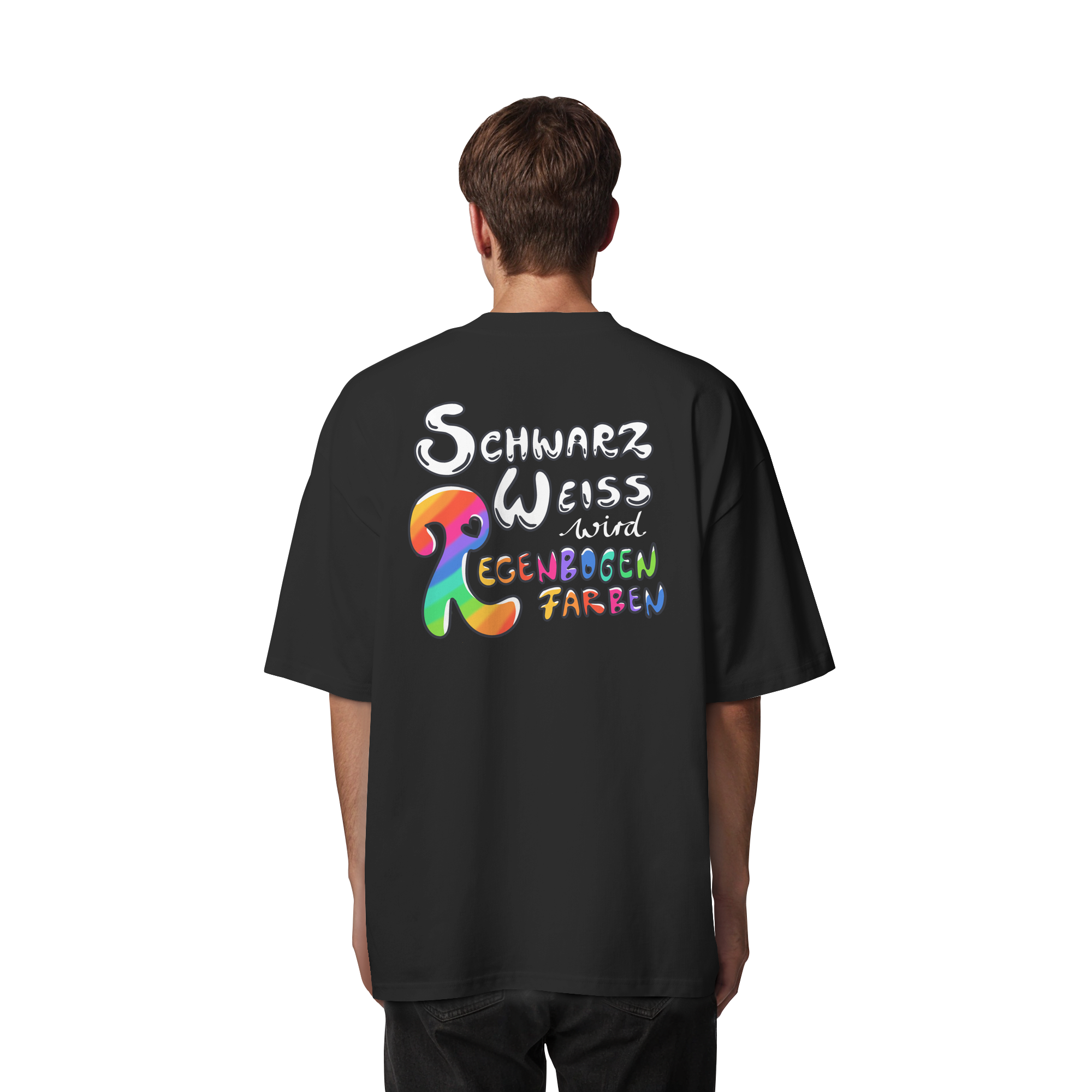 Schwarz Weiß wird Regenbogen Farben Backprint (dunkel) - Organic Oversize Shirt