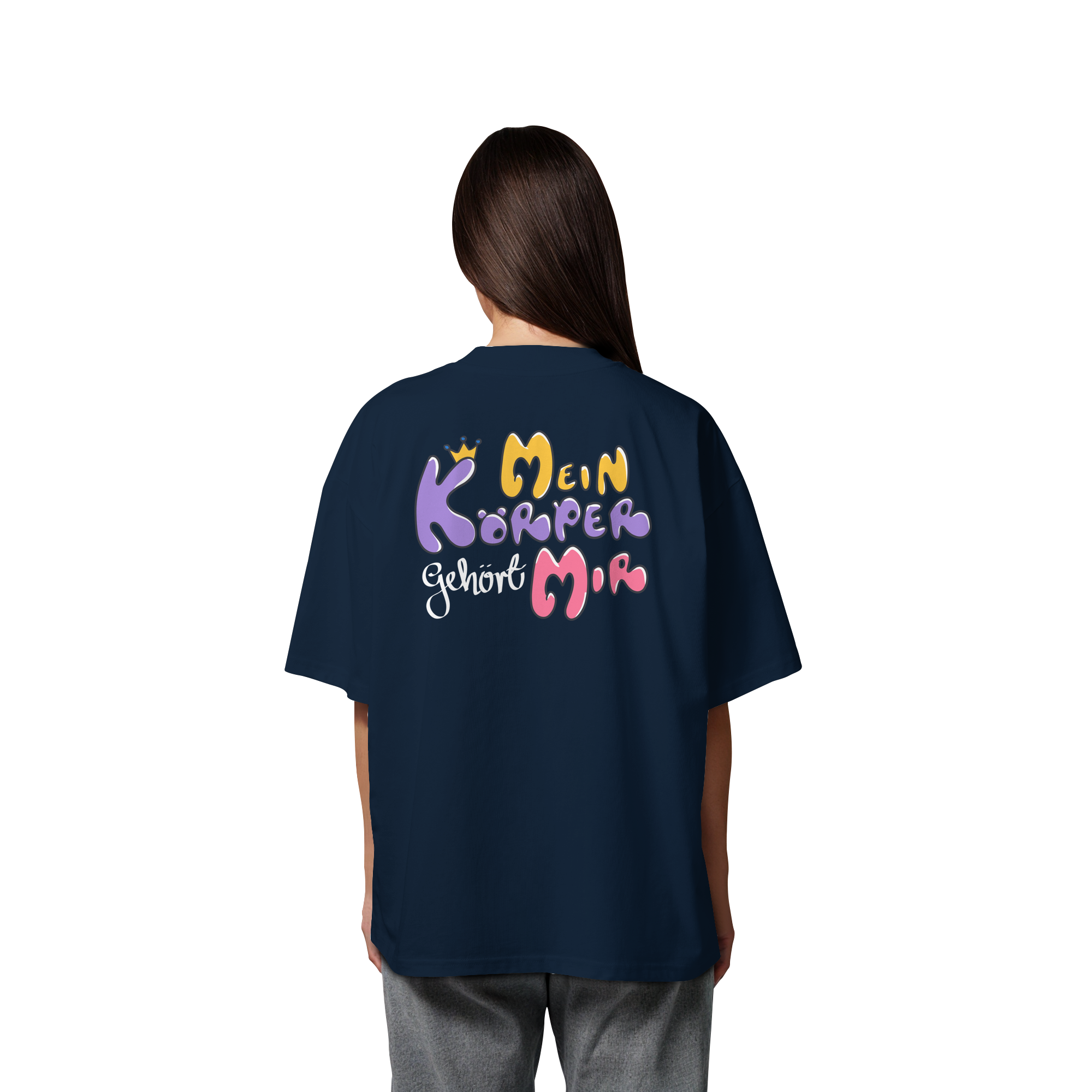 Survivor Queens Logo mit "Mein Körper gehört mir" Backprint (dunkel) - Organic Oversize Shirt