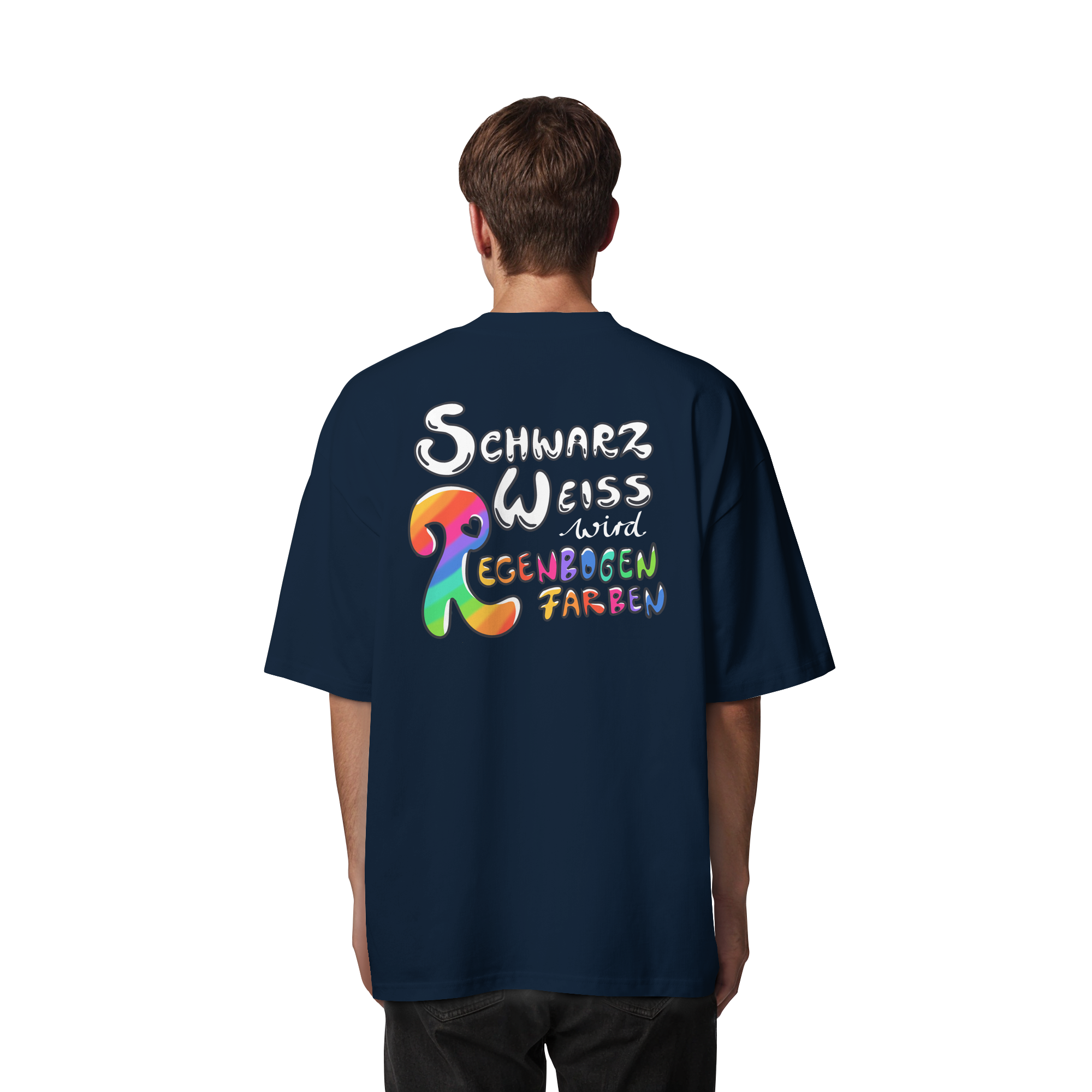 Schwarz Weiß wird Regenbogen Farben Backprint (dunkel) - Organic Oversize Shirt