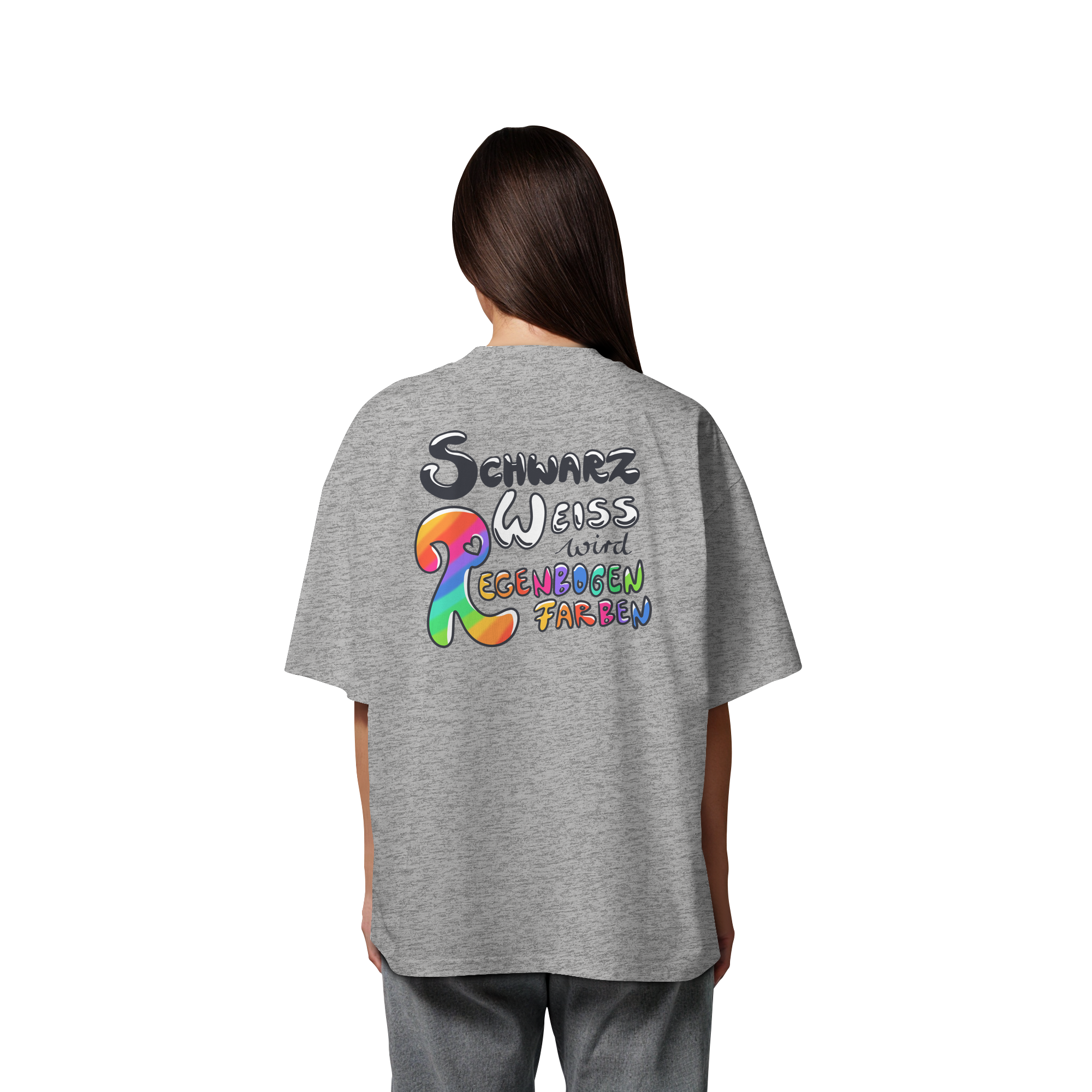 Schwarz Weiß wird Regenbogen Farben Backprint (hell) - Organic Oversize Shirt