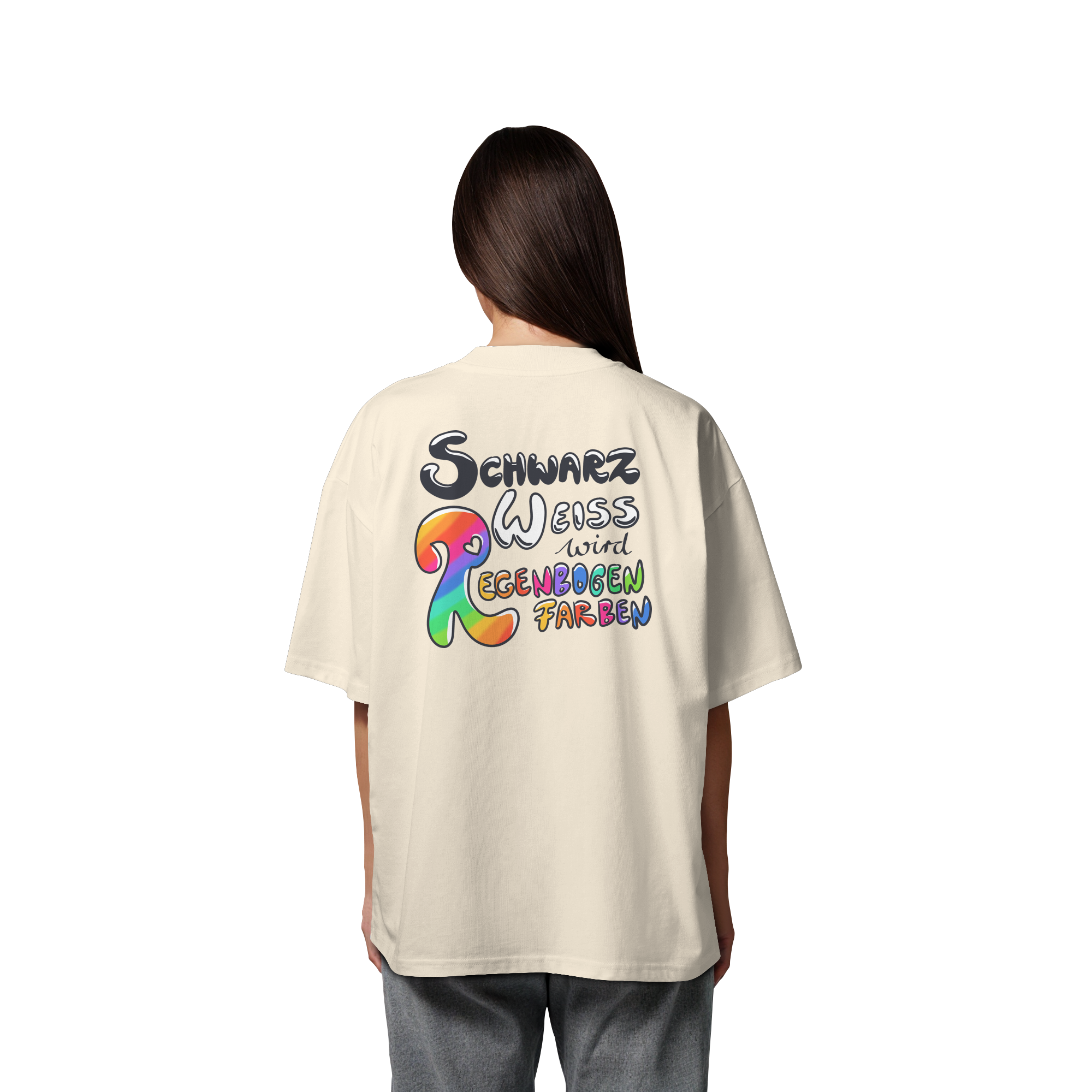 Schwarz Weiß wird Regenbogen Farben Backprint (hell) - Organic Oversize Shirt