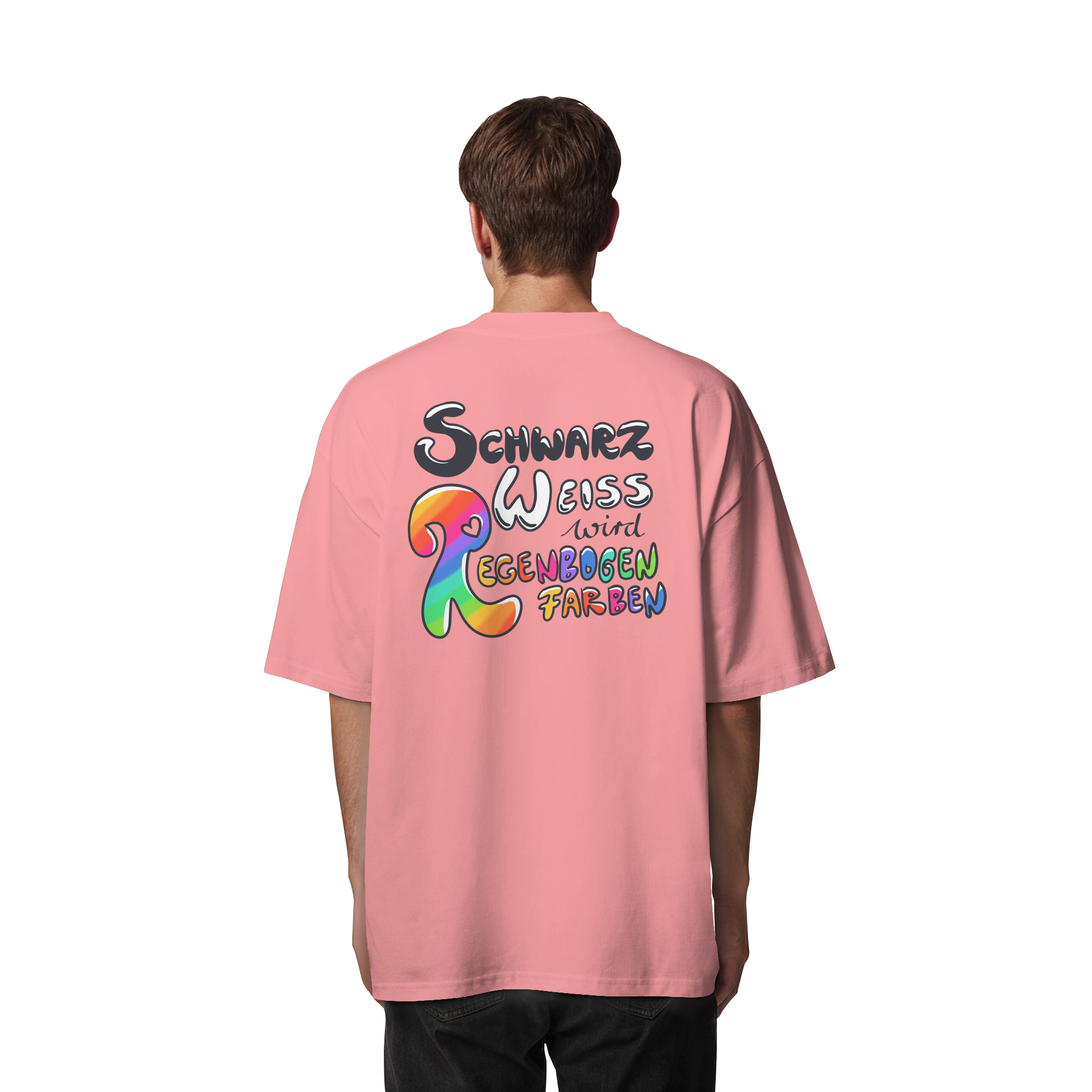 Schwarz Weiß wird Regenbogen Farben Backprint (hell) - Organic Oversize Shirt