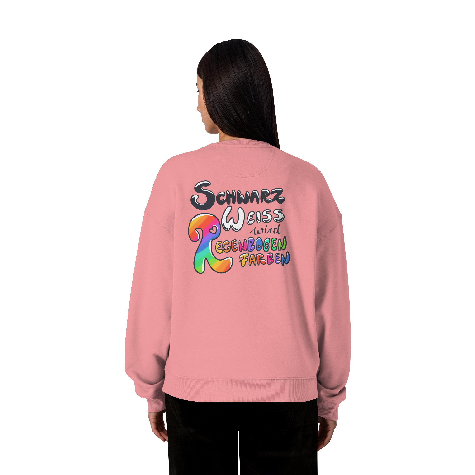 Schwarz Weiß wird Regenbogen Farben Backprint (hell) - Organic Oversize Sweatshirt