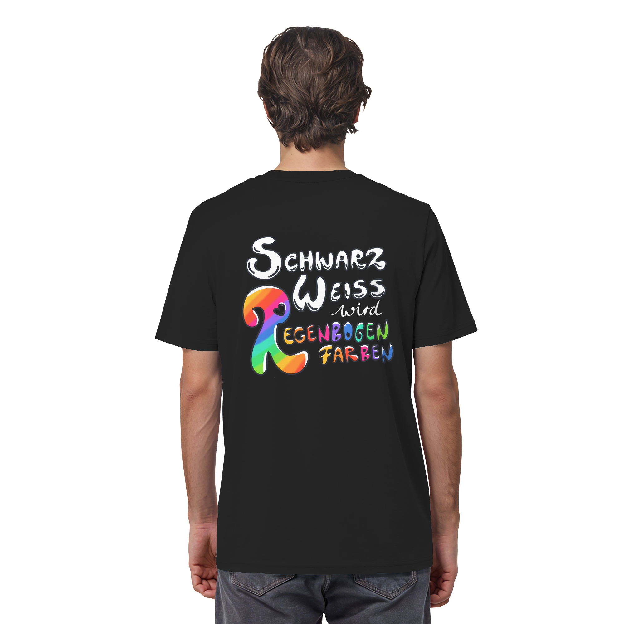 Schwarz Weiß wird Regenbogen Farben Backprint (dunkel) - Organic Shirt