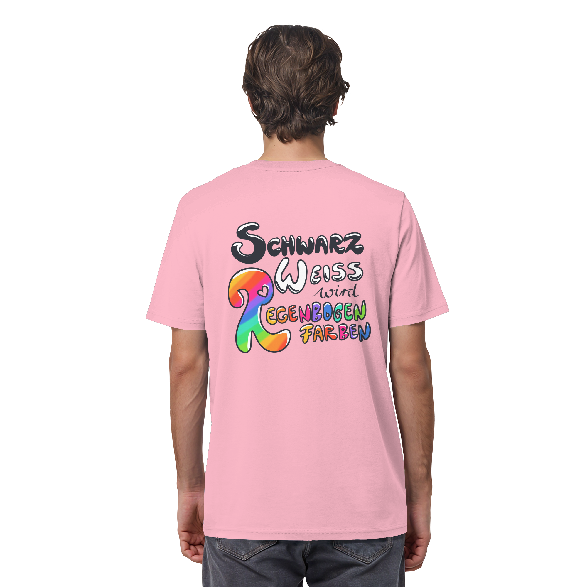 Schwarz Weiß wird Regenbogen Farben Backprint (hell) - Organic Shirt