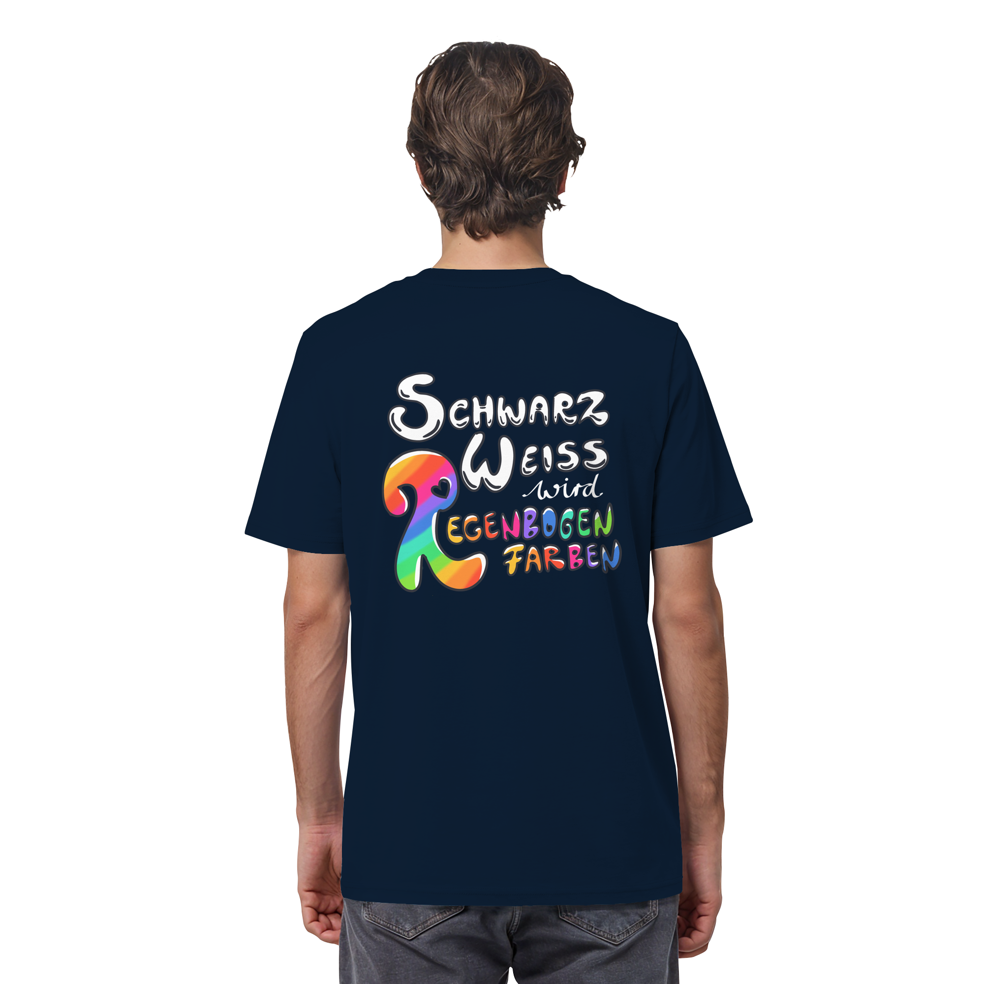 Schwarz Weiß wird Regenbogen Farben Backprint (dunkel) - Organic Shirt