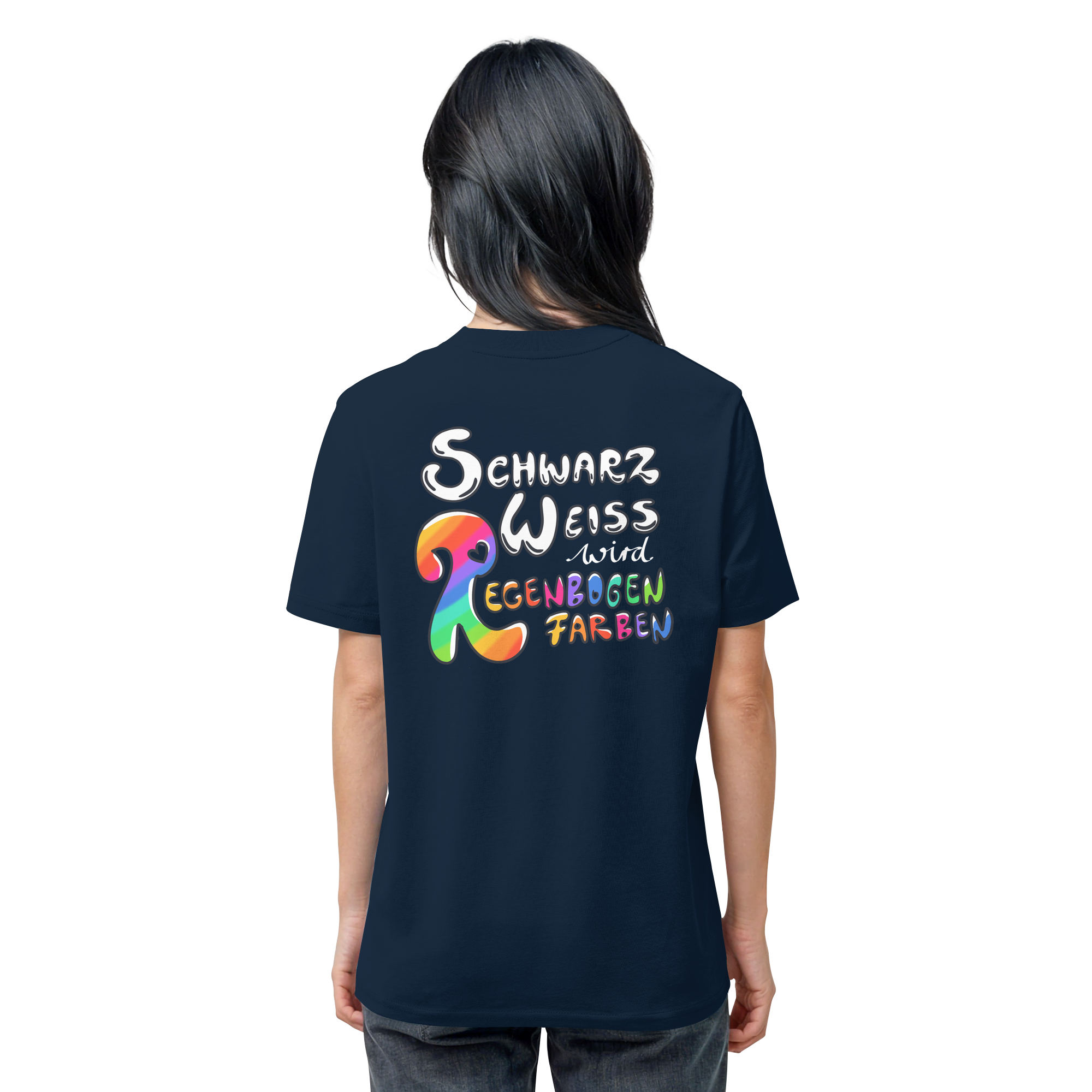 Schwarz Weiß wird Regenbogen Farben Backprint (dunkel) - Organic Shirt