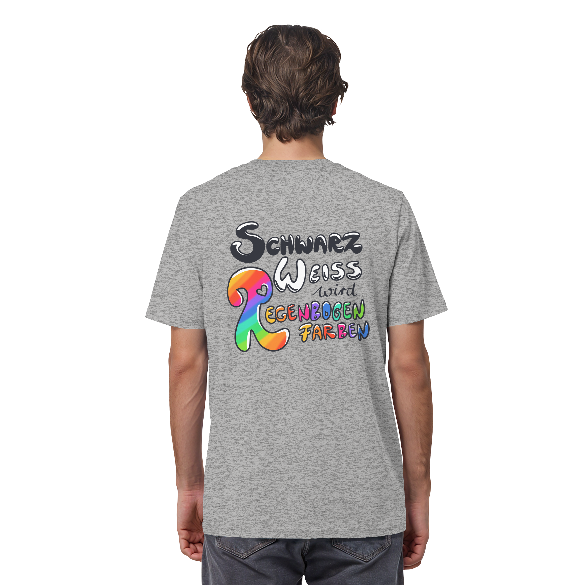 Schwarz Weiß wird Regenbogen Farben Backprint (hell) - Organic Shirt
