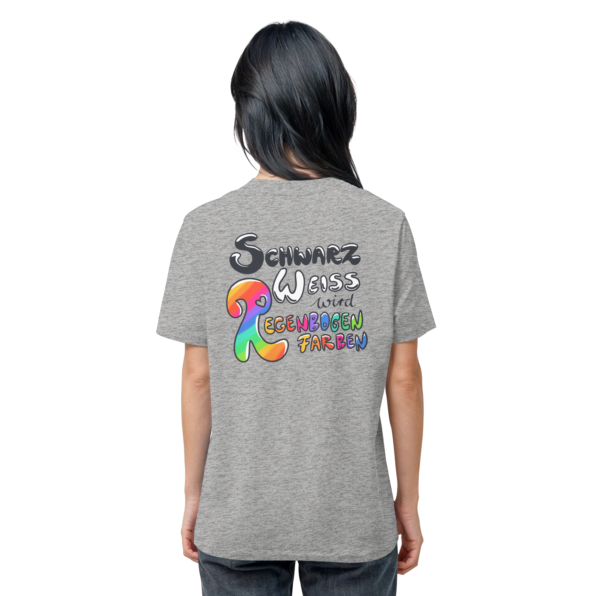 Schwarz Weiß wird Regenbogen Farben Backprint (hell) - Organic Shirt