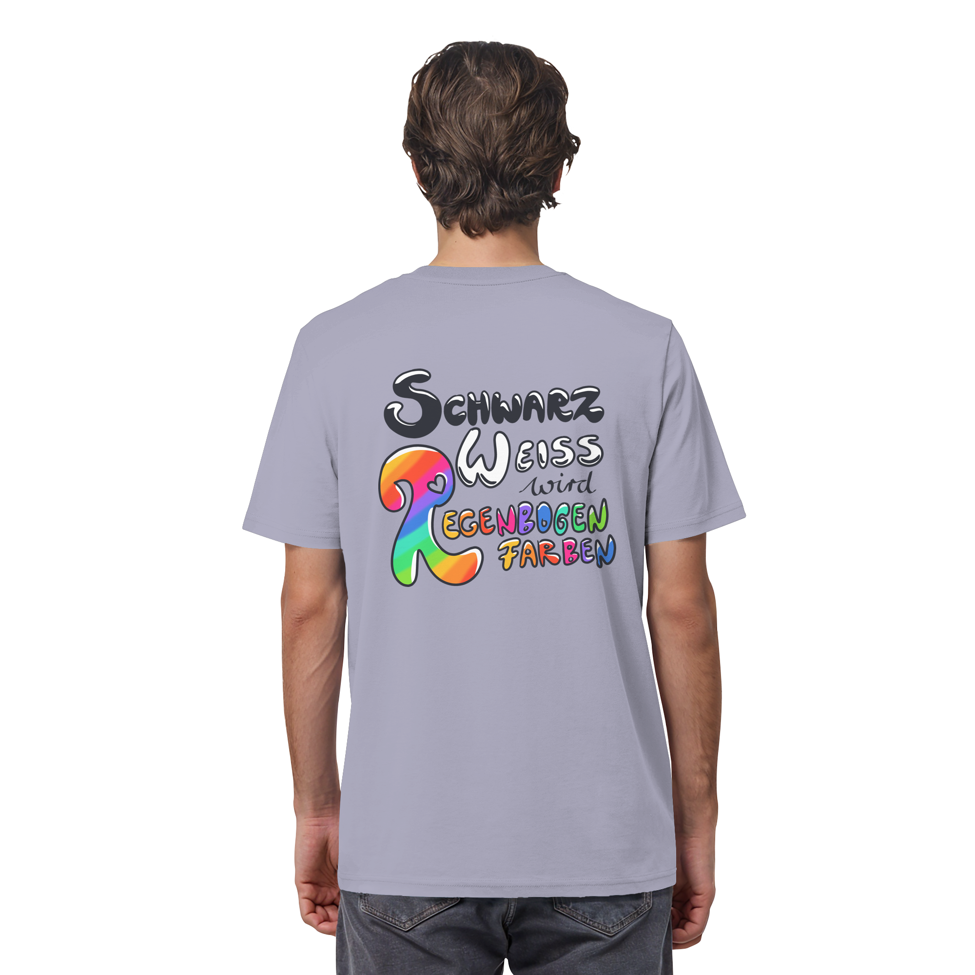Schwarz Weiß wird Regenbogen Farben Backprint (hell) - Organic Shirt