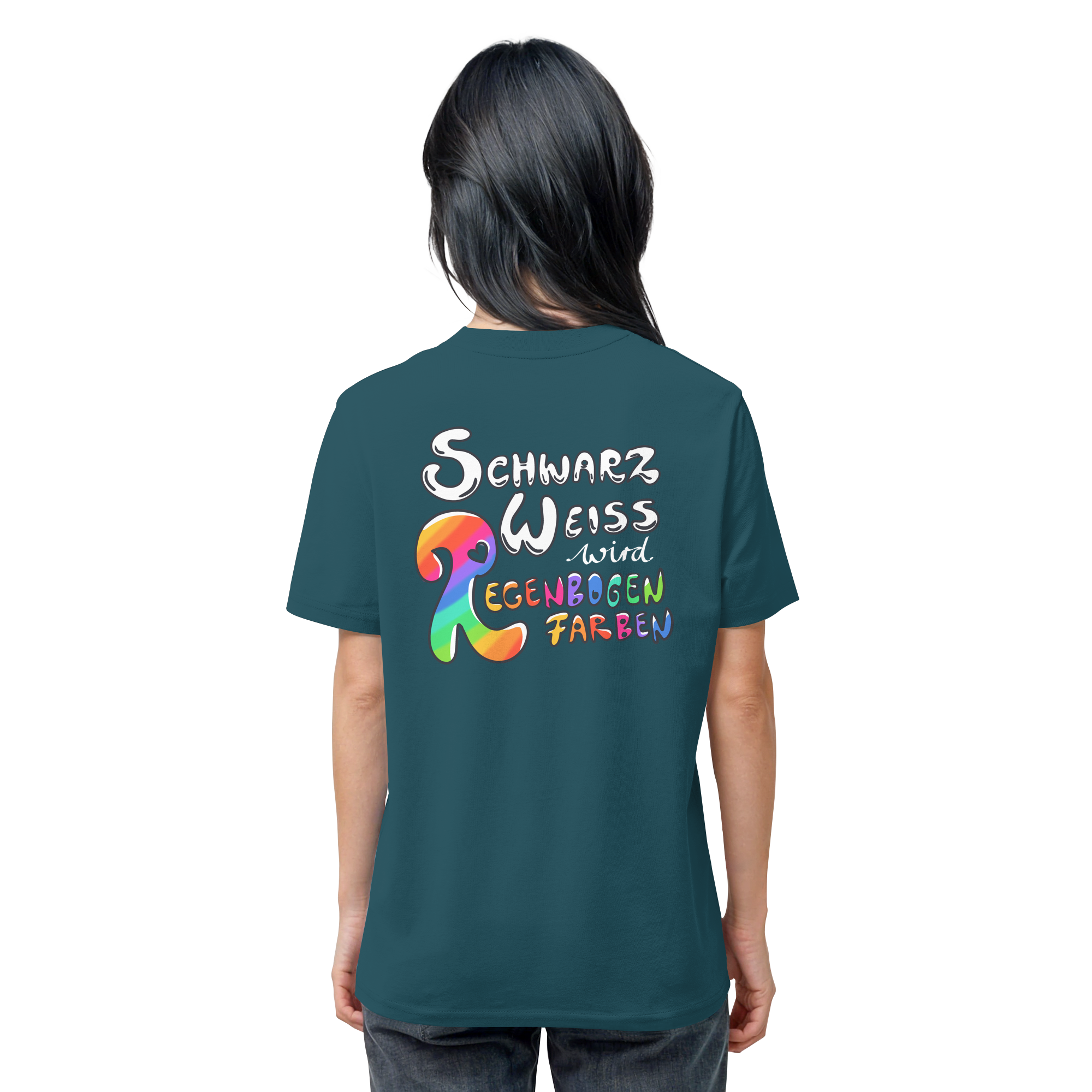 Schwarz Weiß wird Regenbogen Farben Backprint (dunkel) - Organic Shirt