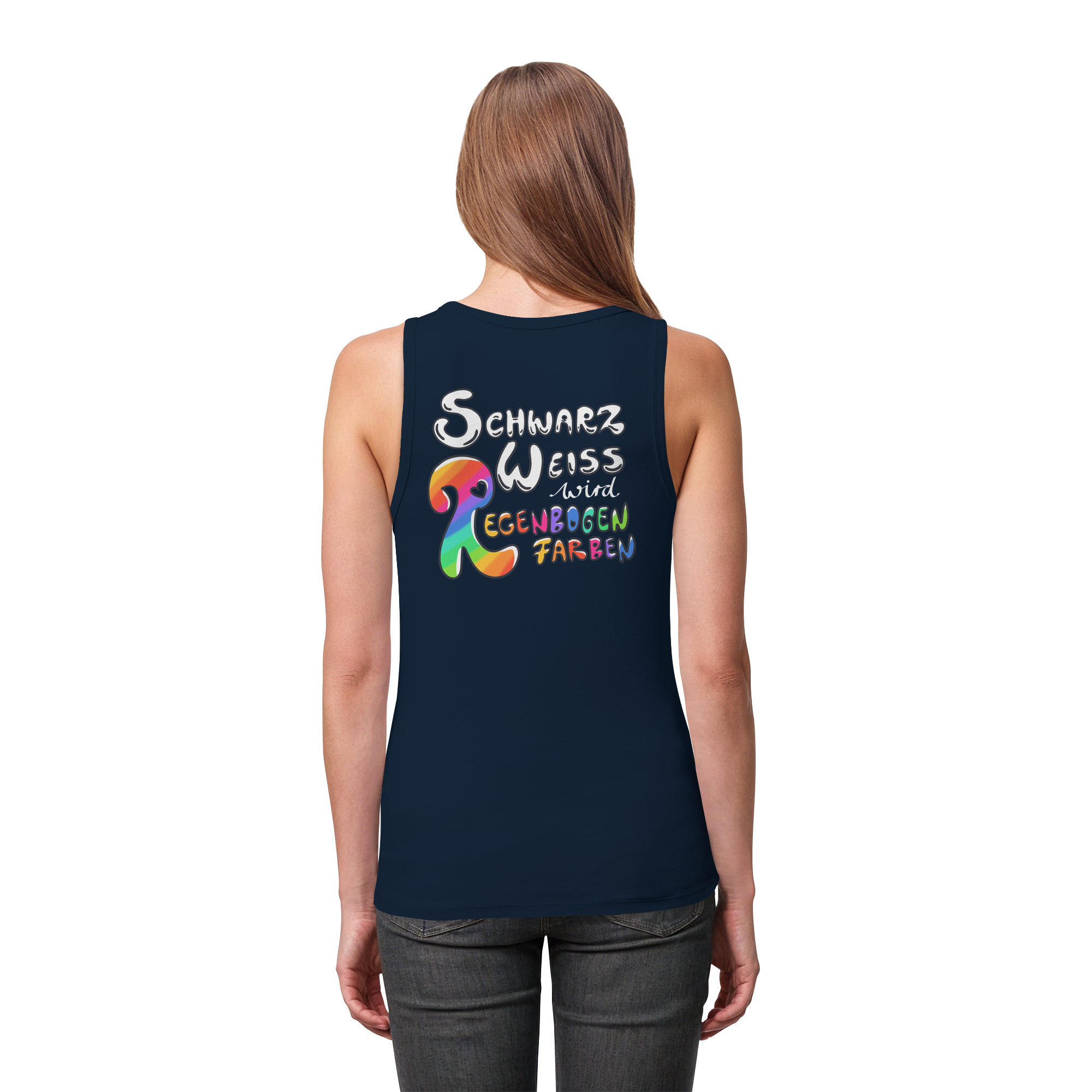 Schwarz Weiß wird Regenbogen Farben Backprint (dunkel) - Womens Organic Fitted Tank Top