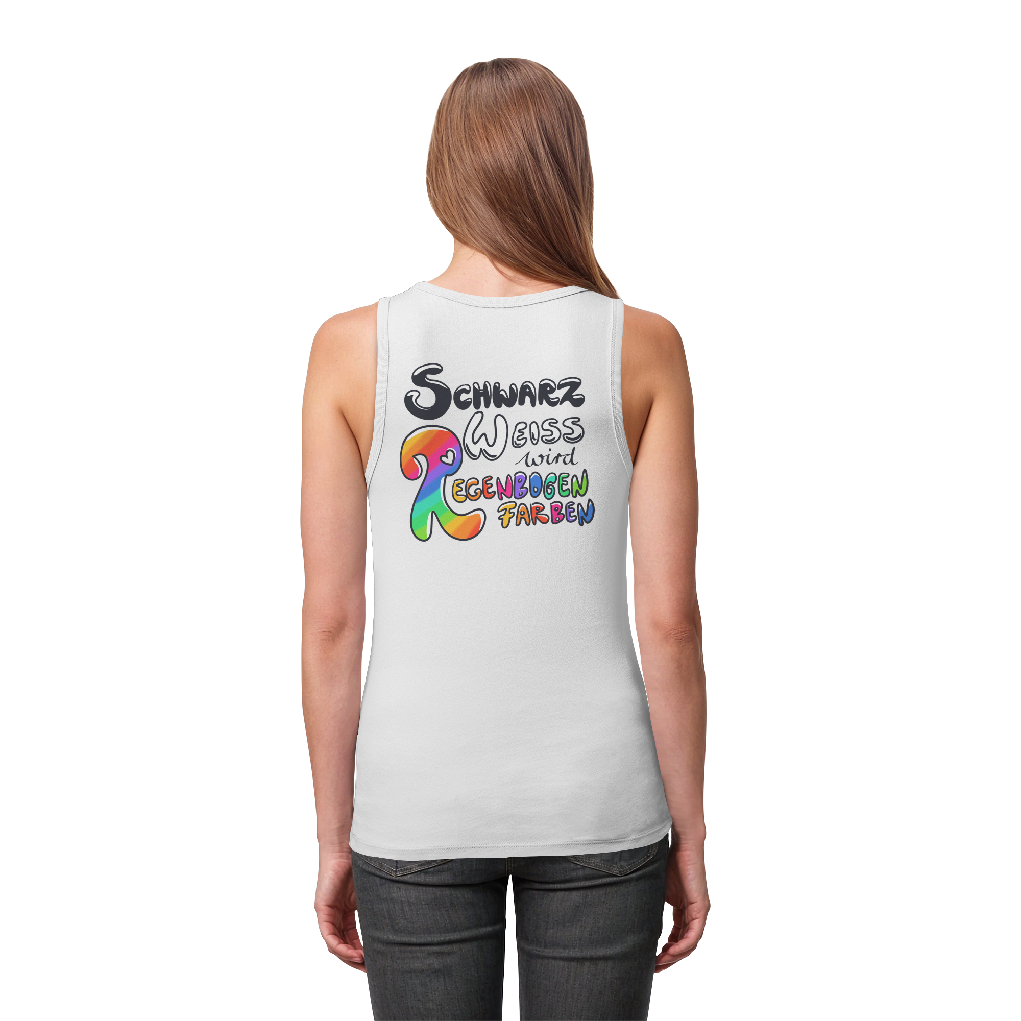 Schwarz Weiß wird Regenbogen Farben Backprint (hell) - Womens Organic Fitted Tank Top