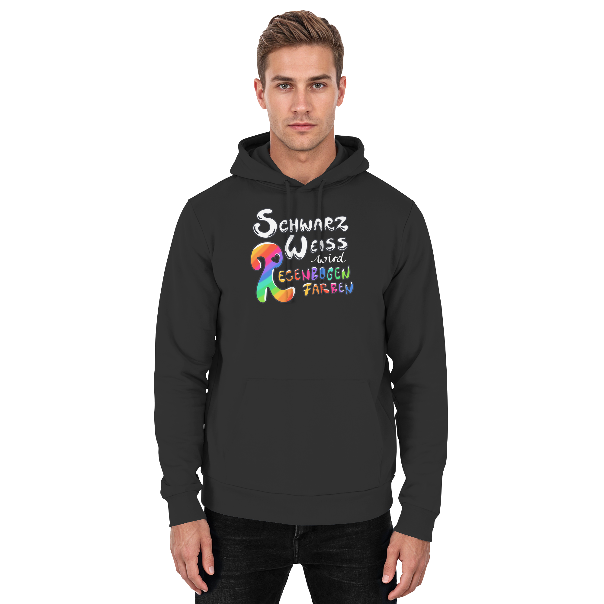 Schwarz Weiß wird Regenbogen Farben Frontprint (dunkel) - Basic Unisex Hoodie