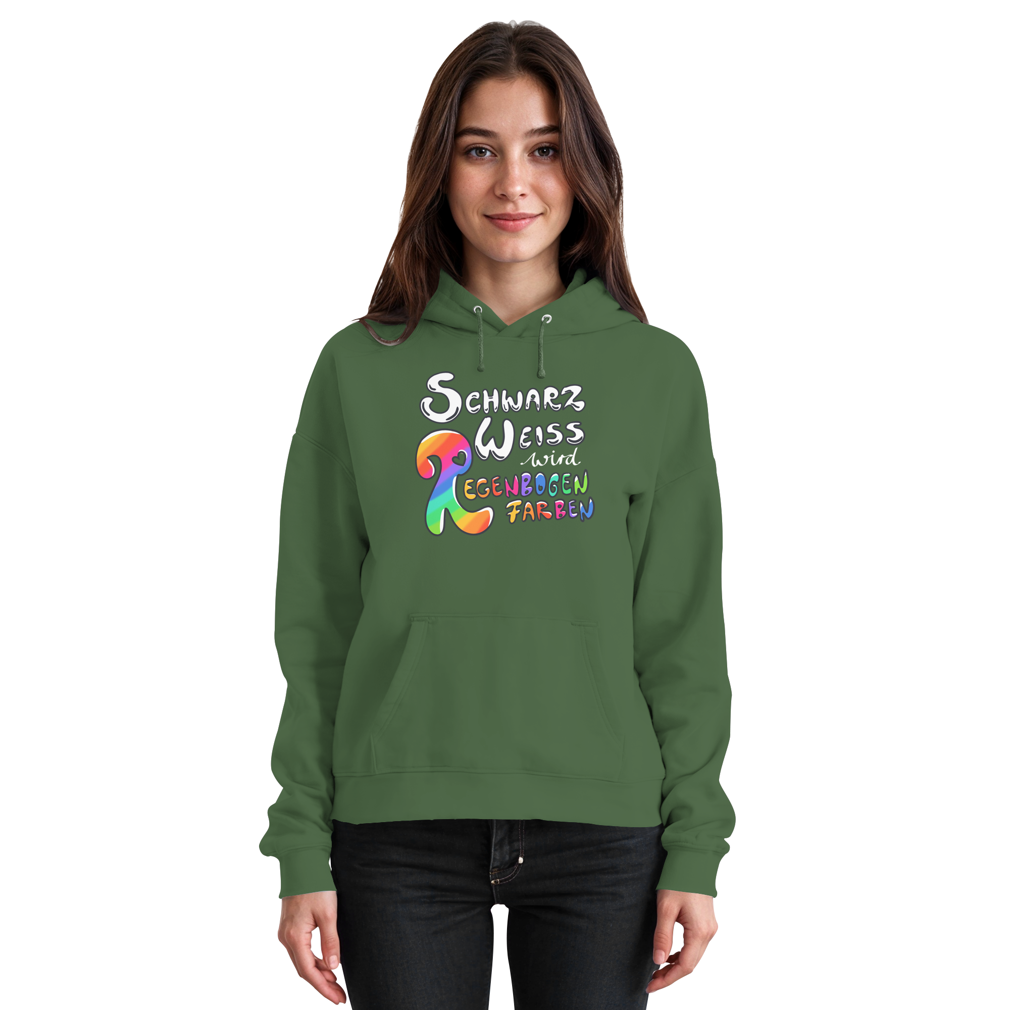 Schwarz Weiß wird Regenbogen Farben Frontprint (dunkel) - Basic Unisex Hoodie