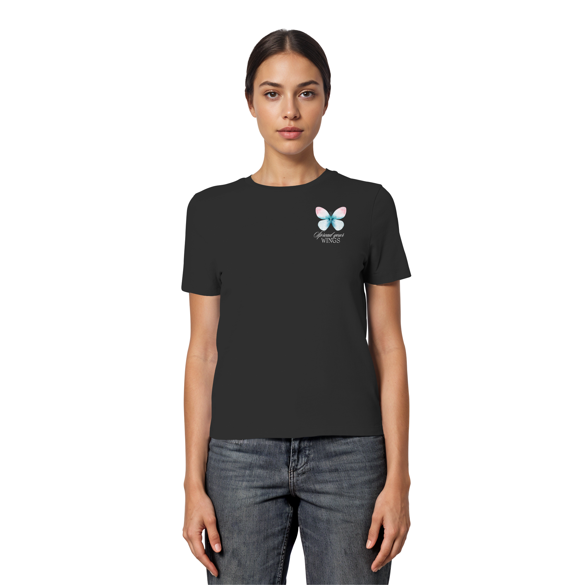 Spread your Wings (weiße Schrift) Backprint - Fitted Ladies Organic Shirt