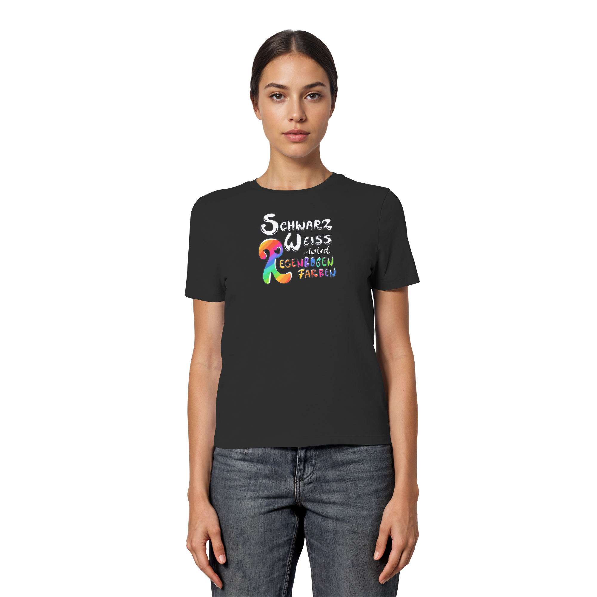 Schwarz Weiß wird Regenbogen Farben Frontprint (dunkel) - Fitted Ladies Organic Shirt