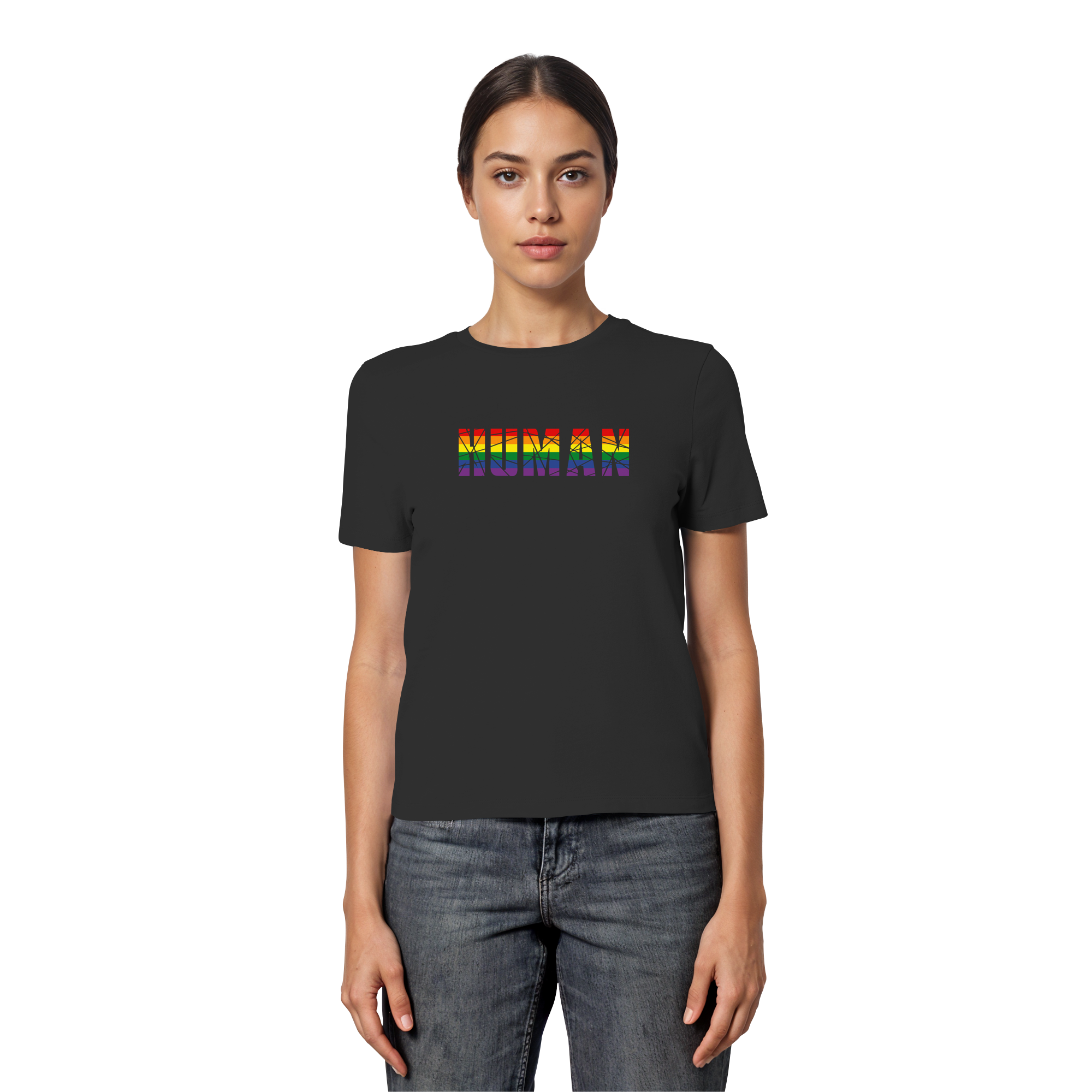 HUMAN in Regenbogen Farben - Fitted Ladies Organic Shirt