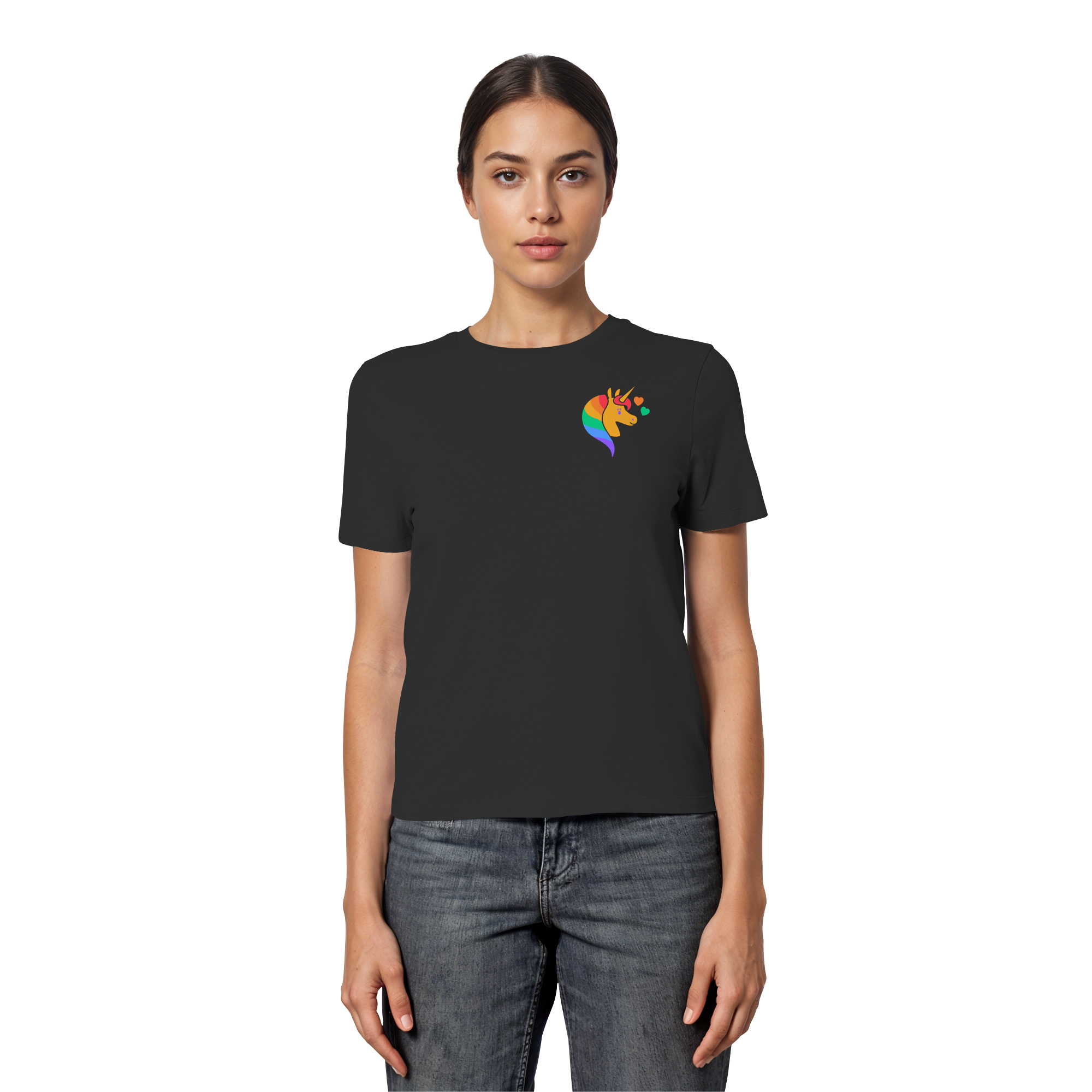 Regenbogen Einhorn mit Herzen - Fitted Ladies Organic Shirt