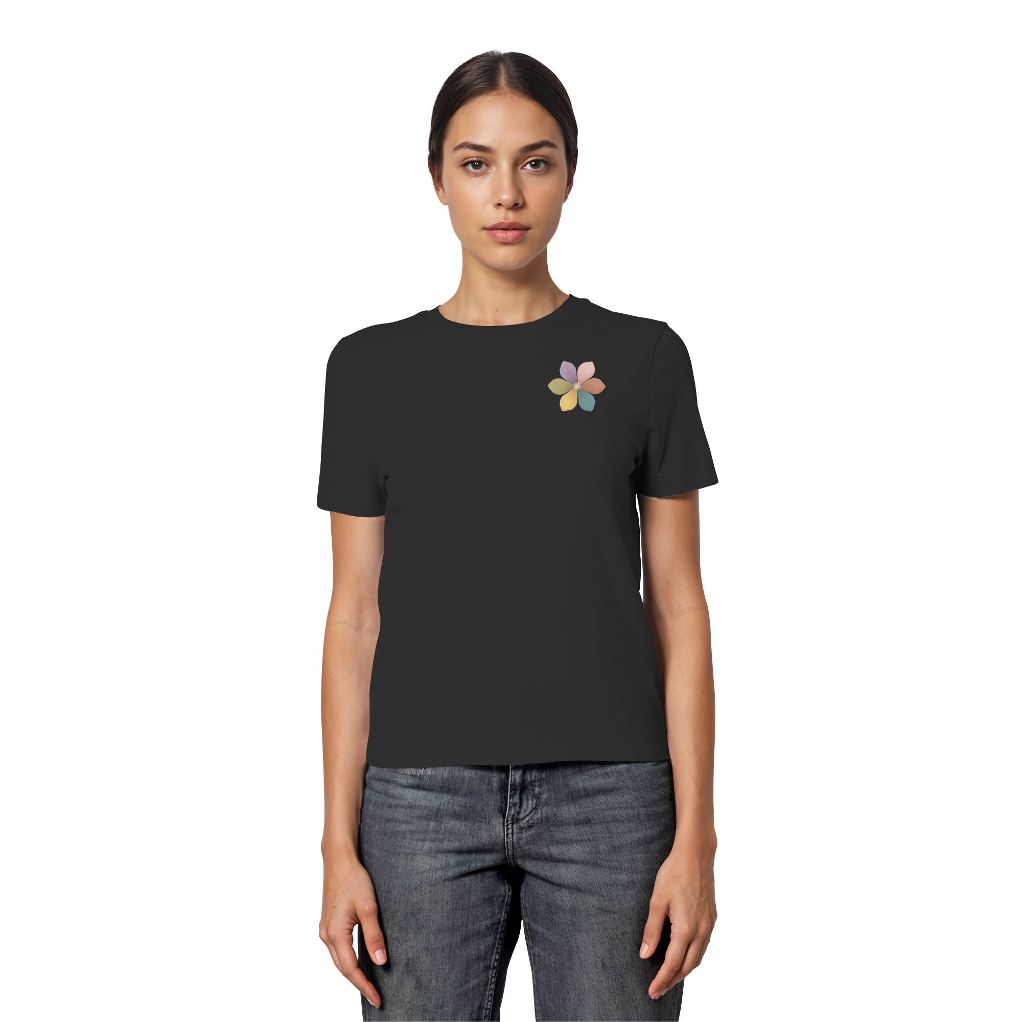 Einatmen Ausatmen "Achtsamkeitsblüte Edition" Backprint - Fitted Ladies Organic Shirt