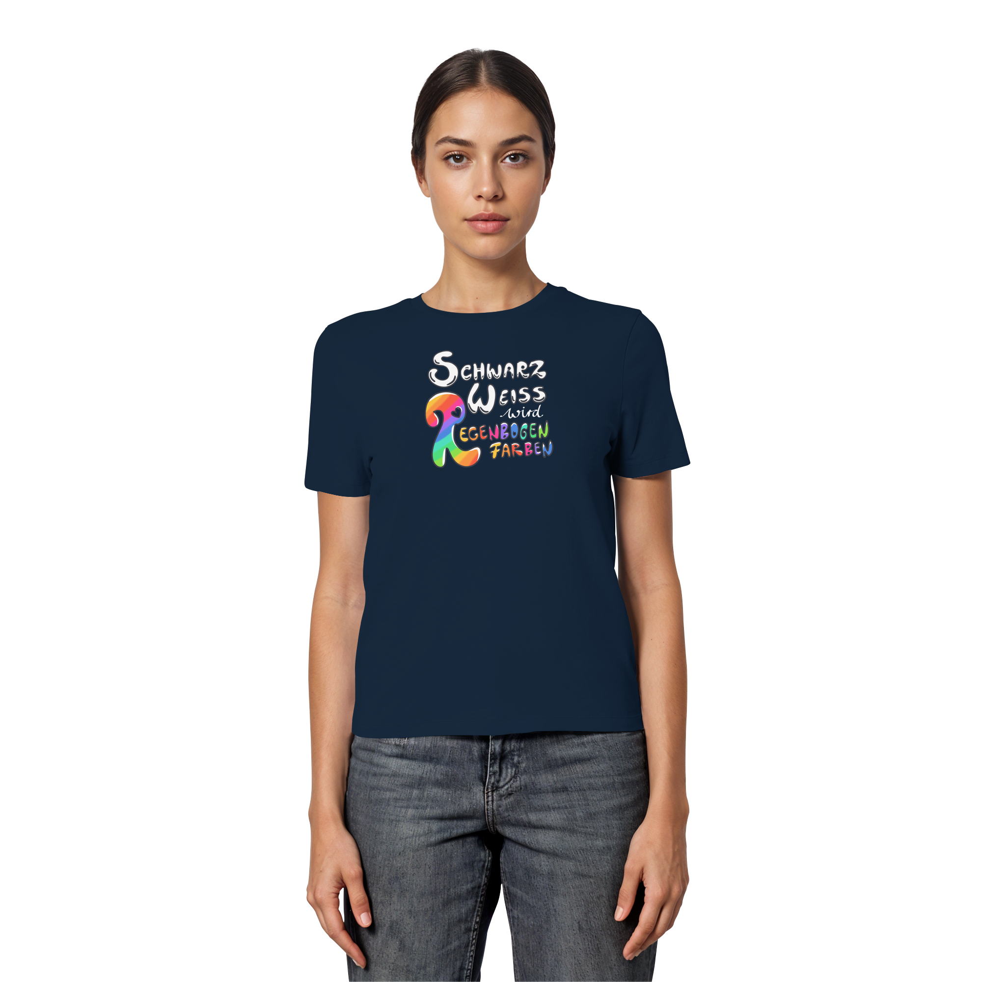 Schwarz Weiß wird Regenbogen Farben Frontprint (dunkel) - Fitted Ladies Organic Shirt