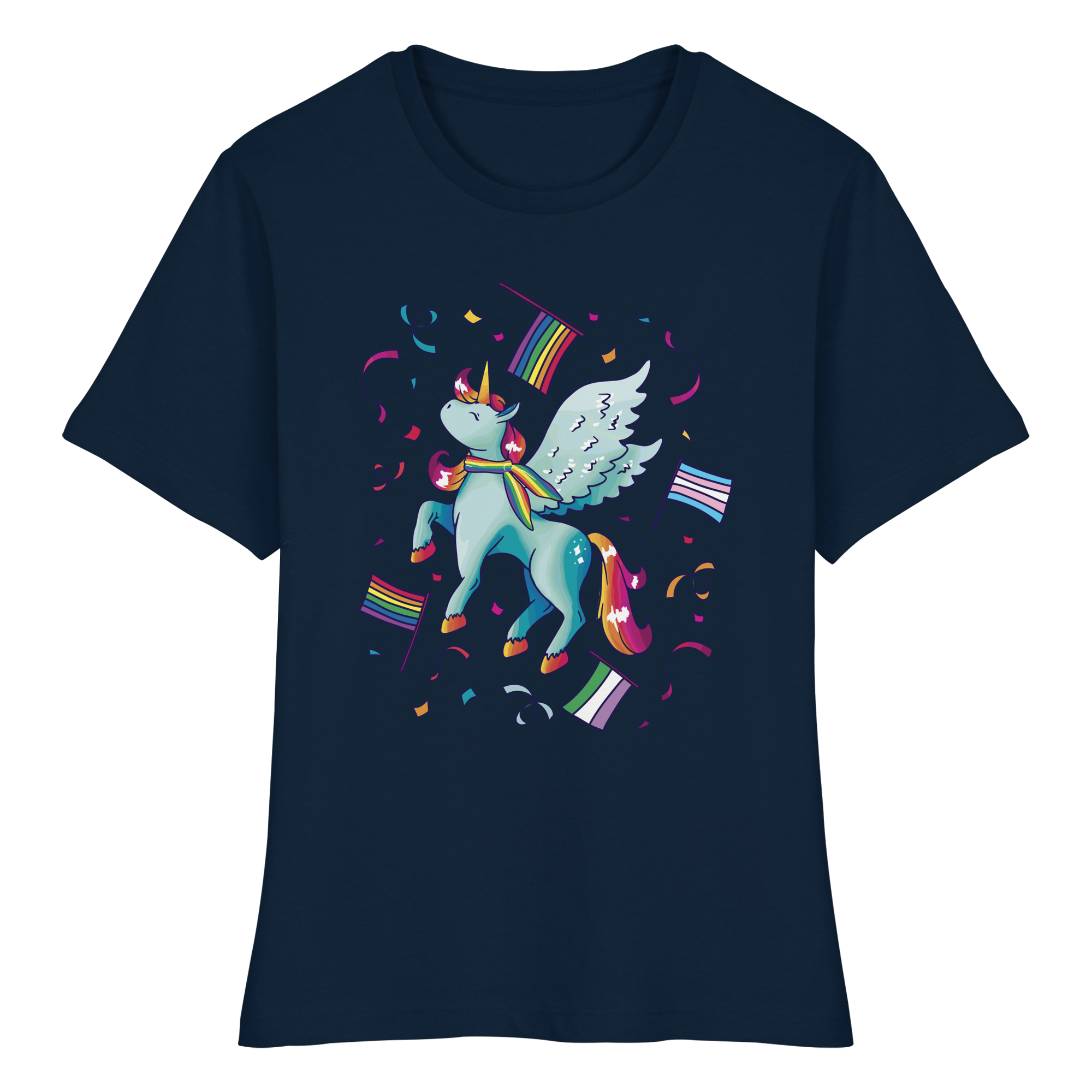 Regenbogen Einhorn mit Flaggen - Fitted Ladies Organic Shirt